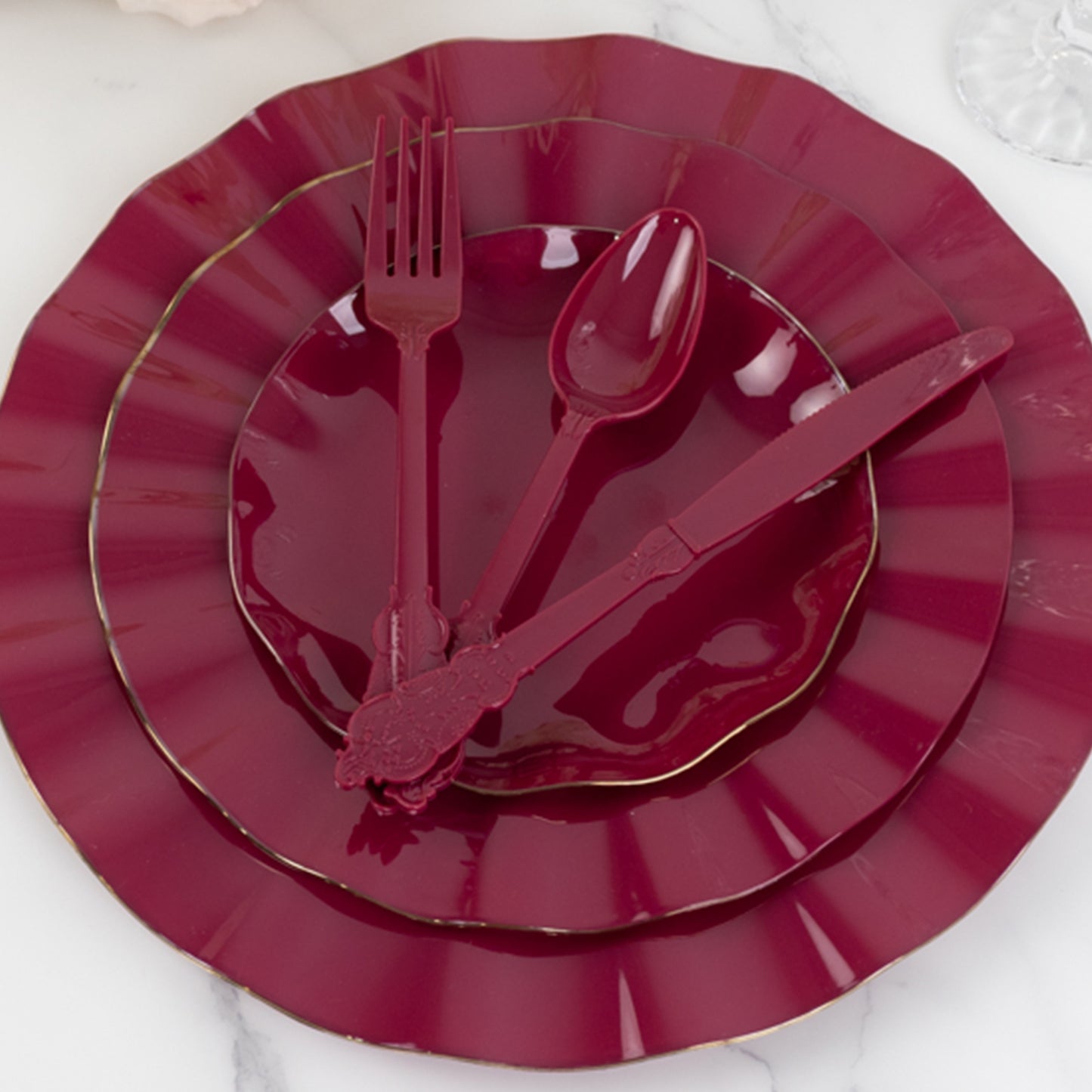 72 Pcs Burgundy Plastic Silverware Set in Baroque Style, Heavy Duty Disposable Utensils - Knife, Fork and Spoon Set