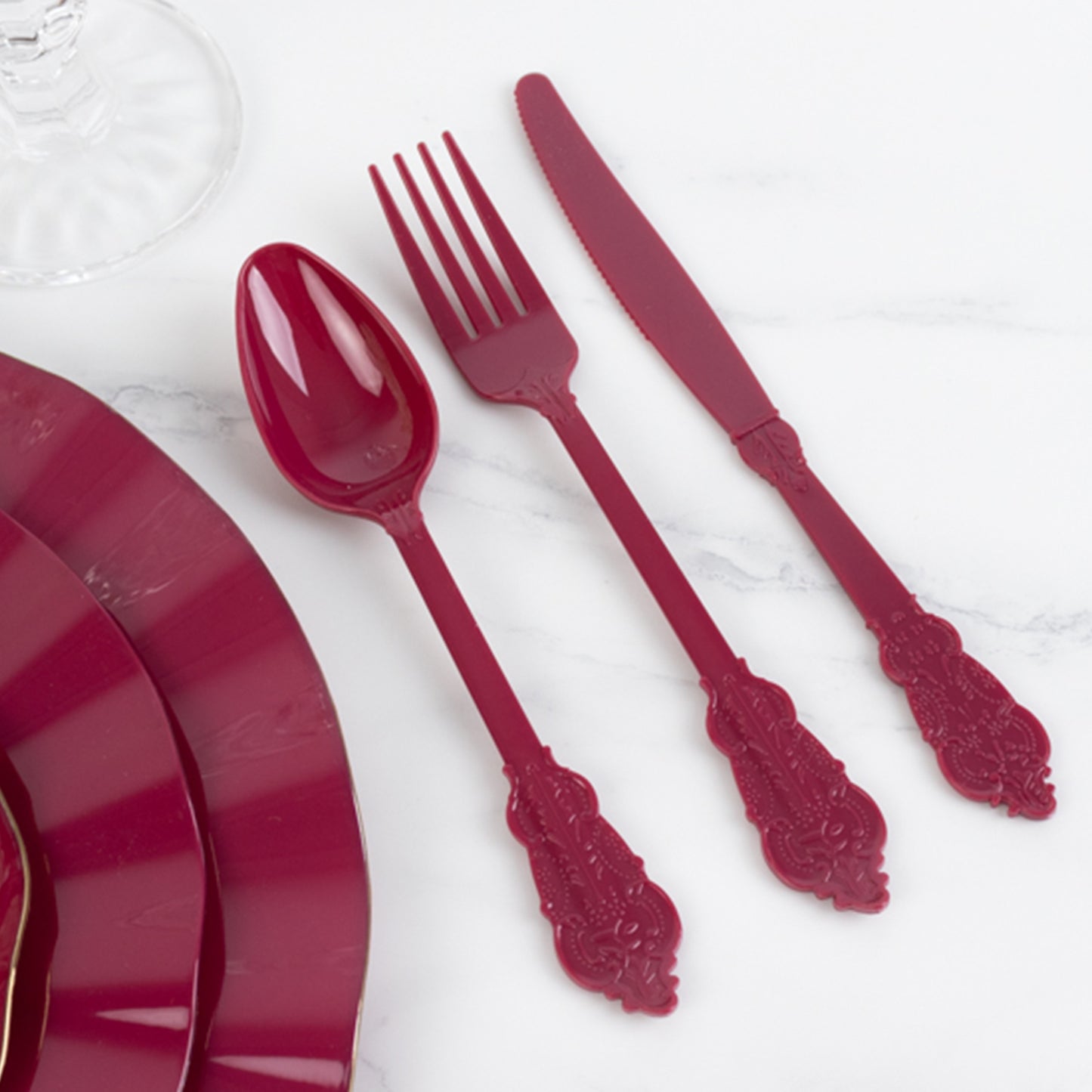 72 Pcs Burgundy Plastic Silverware Set in Baroque Style, Heavy Duty Disposable Utensils - Knife, Fork and Spoon Set