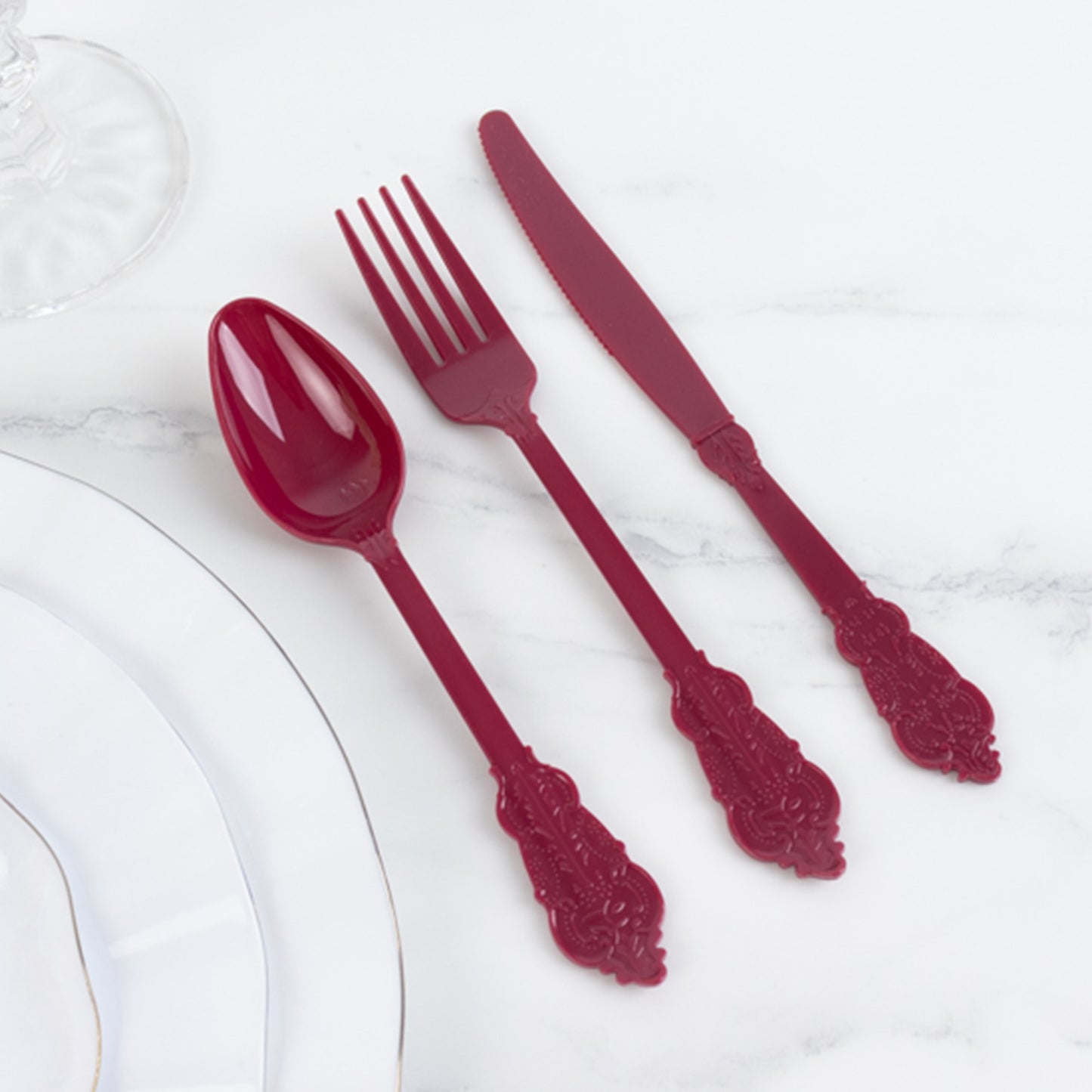 72 Pcs Burgundy Plastic Silverware Set in Baroque Style, Heavy Duty Disposable Utensils - Knife, Fork and Spoon Set