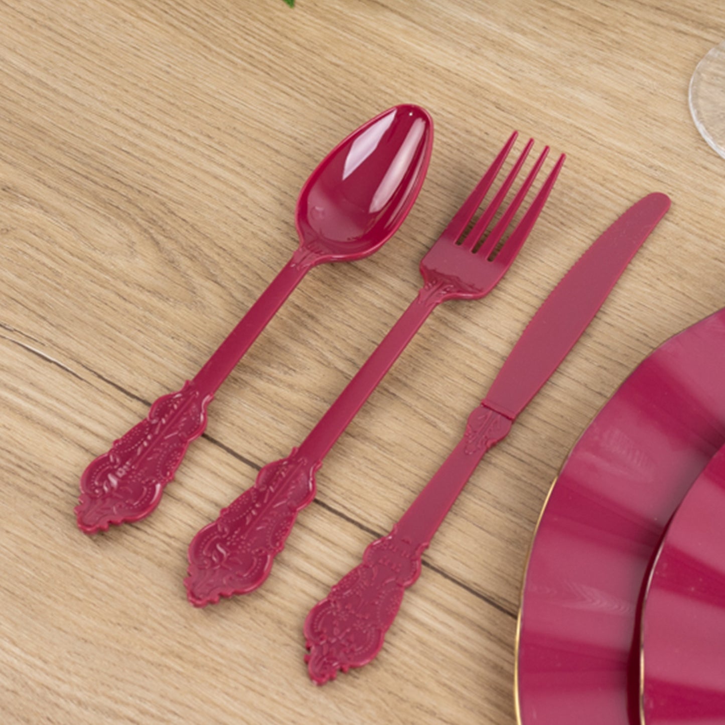 72 Pcs Burgundy Plastic Silverware Set in Baroque Style, Heavy Duty Disposable Utensils - Knife, Fork and Spoon Set