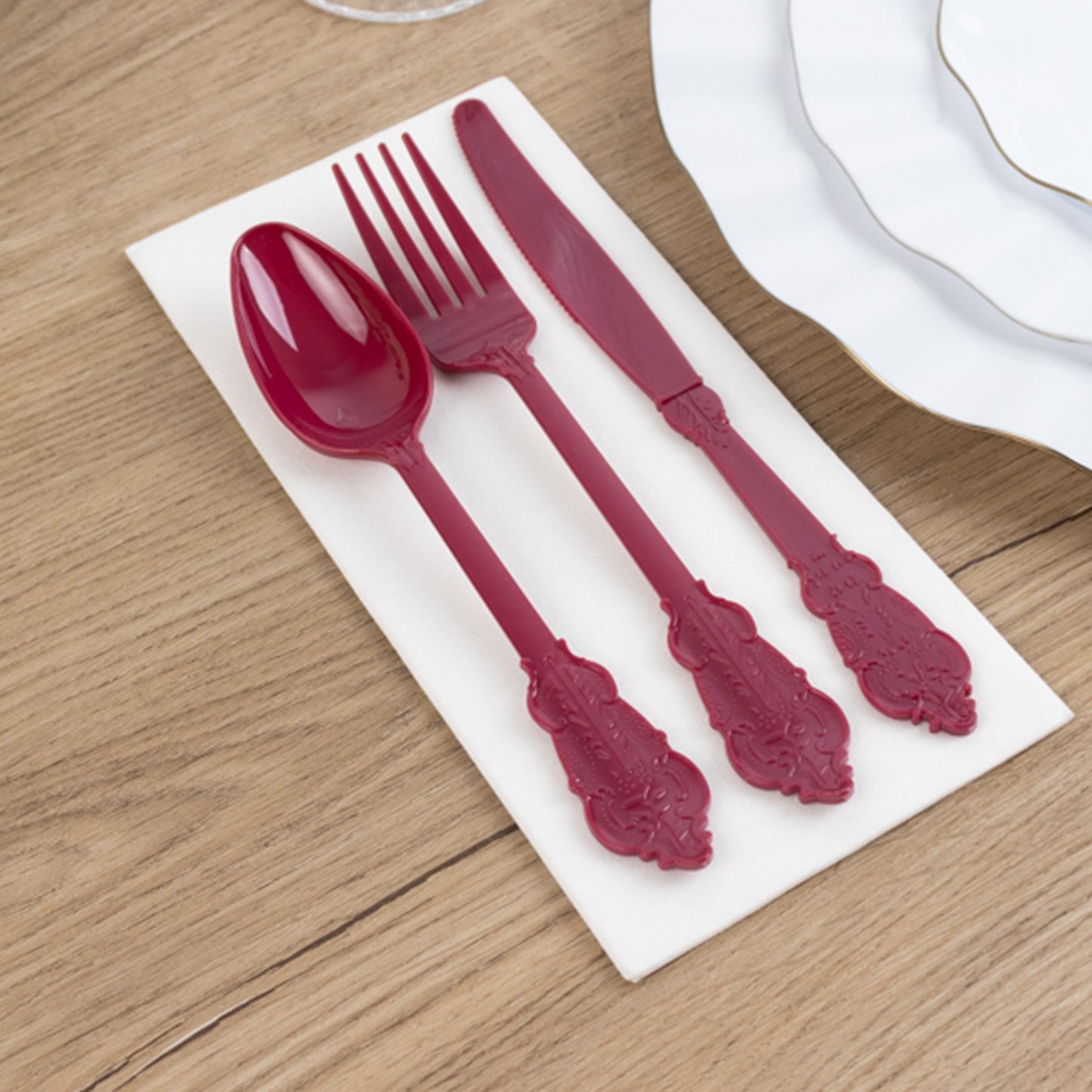 72 Pcs Burgundy Plastic Silverware Set in Baroque Style, Heavy Duty Disposable Utensils - Knife, Fork and Spoon Set