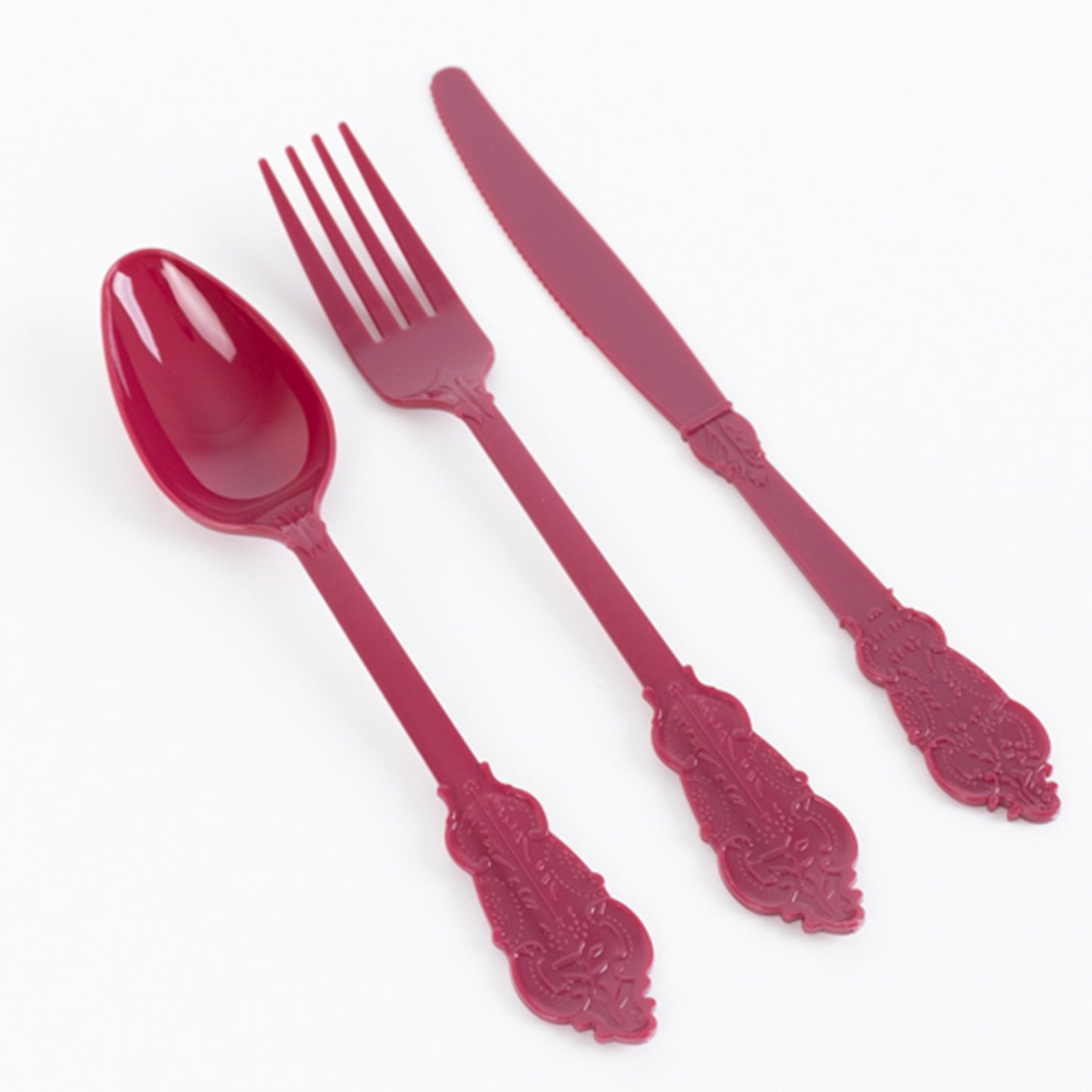 72 Pcs Burgundy Plastic Silverware Set in Baroque Style, Heavy Duty Disposable Utensils - Knife, Fork and Spoon Set