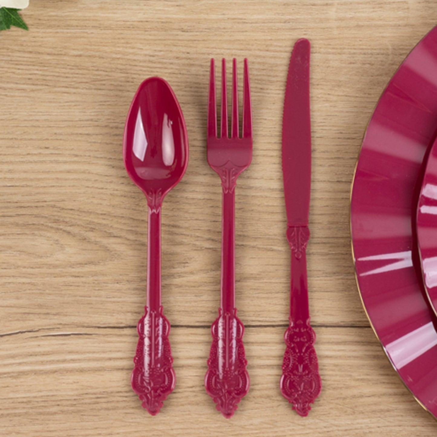 72 Pcs Burgundy Plastic Silverware Set in Baroque Style, Heavy Duty Disposable Utensils - Knife, Fork and Spoon Set