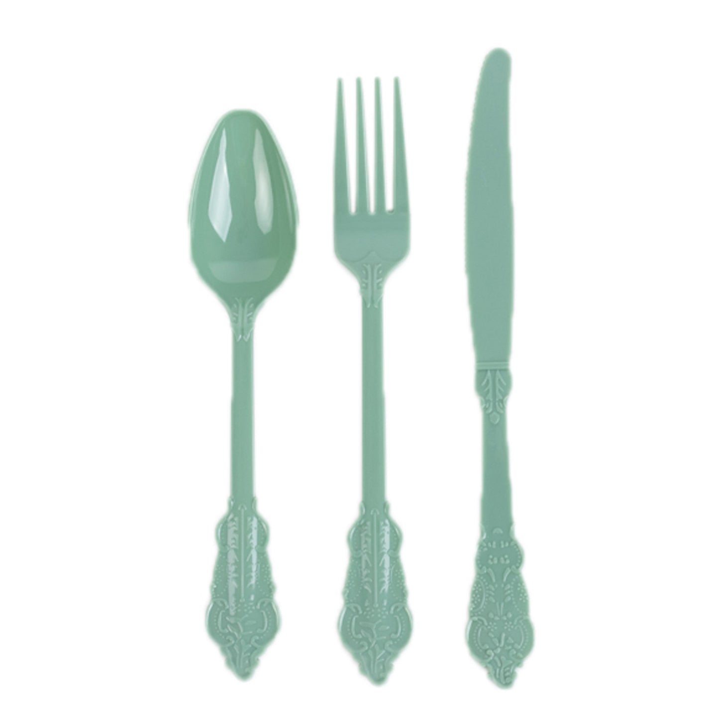 72 Pcs Dusty Sage Green Plastic Silverware Set in Baroque Style, Heavy Duty Disposable Utensils - Knife, Fork and Spoon Set