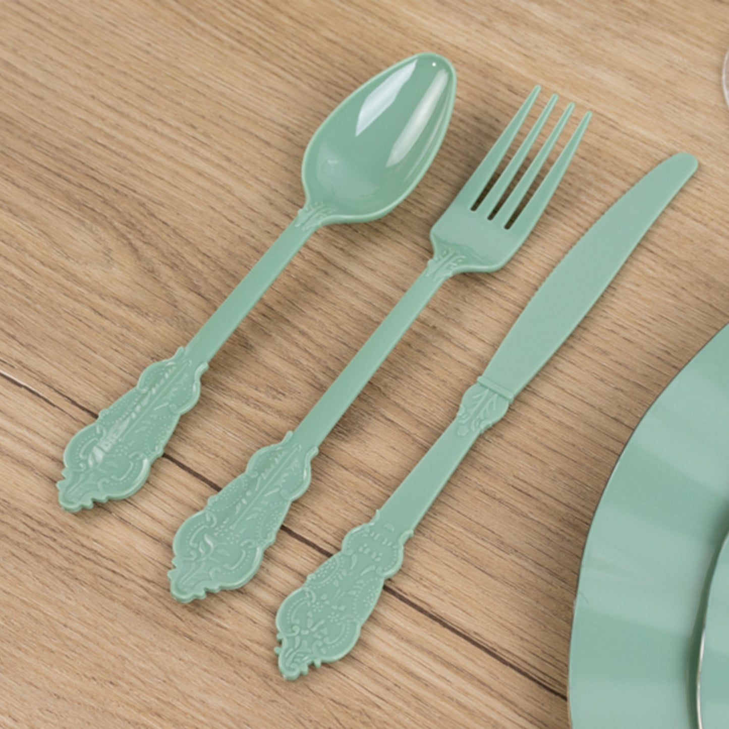 72 Pcs Dusty Sage Green Plastic Silverware Set in Baroque Style, Heavy Duty Disposable Utensils - Knife, Fork and Spoon Set