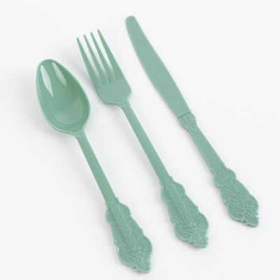 Enhance Your Event Décor with Dusty Sage Green Baroque Plastic Silverware Set