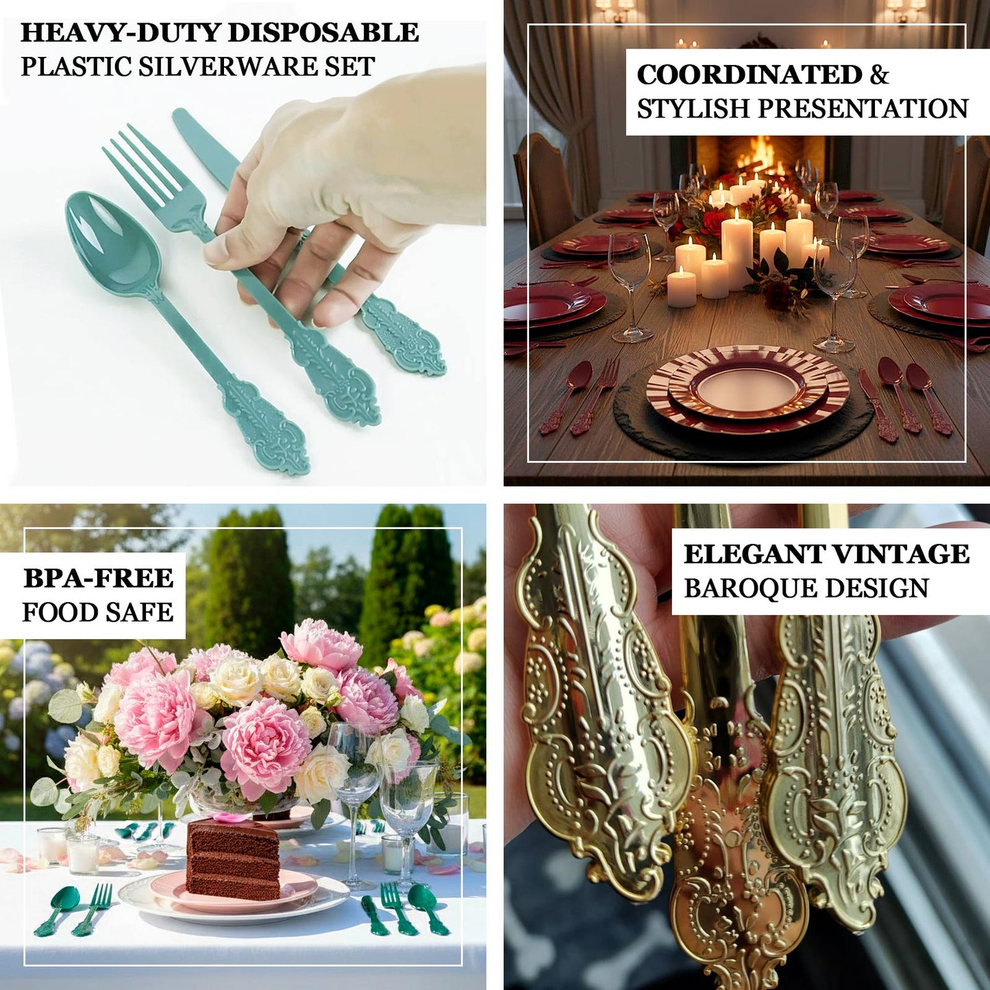 72 Pcs Plastic Silverware Set in Baroque Style - Heavy Duty Disposable Knife, Fork, and Spoon Set