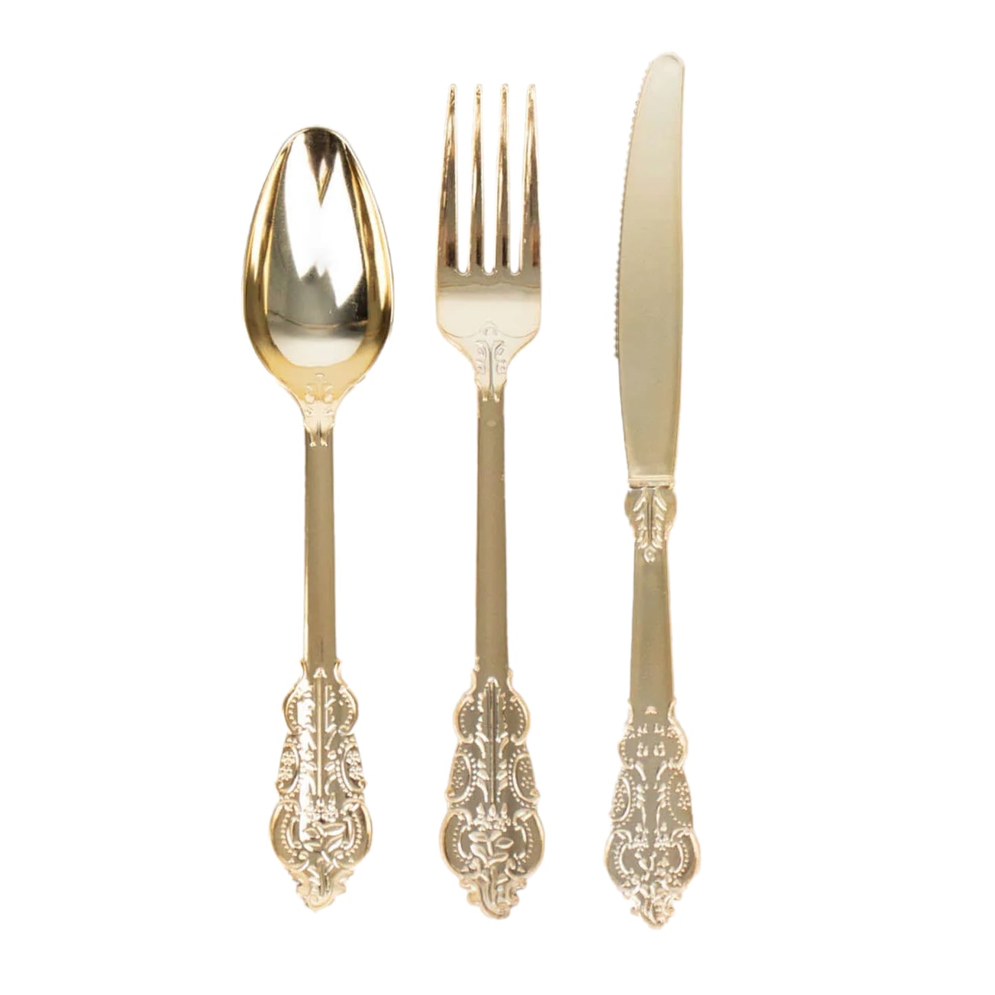 24 Pack | Metallic Gold Baroque Style Heavy Duty Plastic Silverware Set#whtbkgd