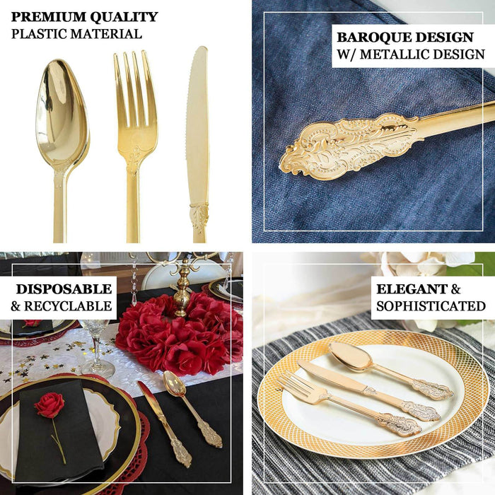 24 Pack | Metallic Gold Baroque Style Heavy Duty Plastic Silverware Set