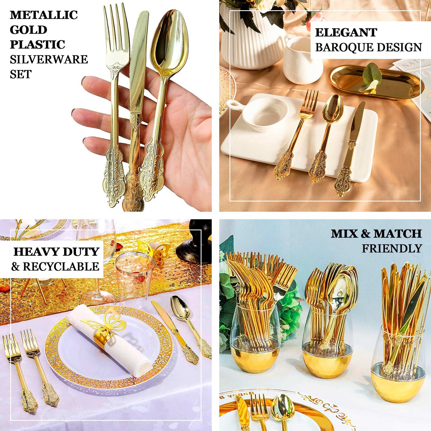 24 Pack | Metallic Gold Baroque Style Heavy Duty Plastic Silverware Set