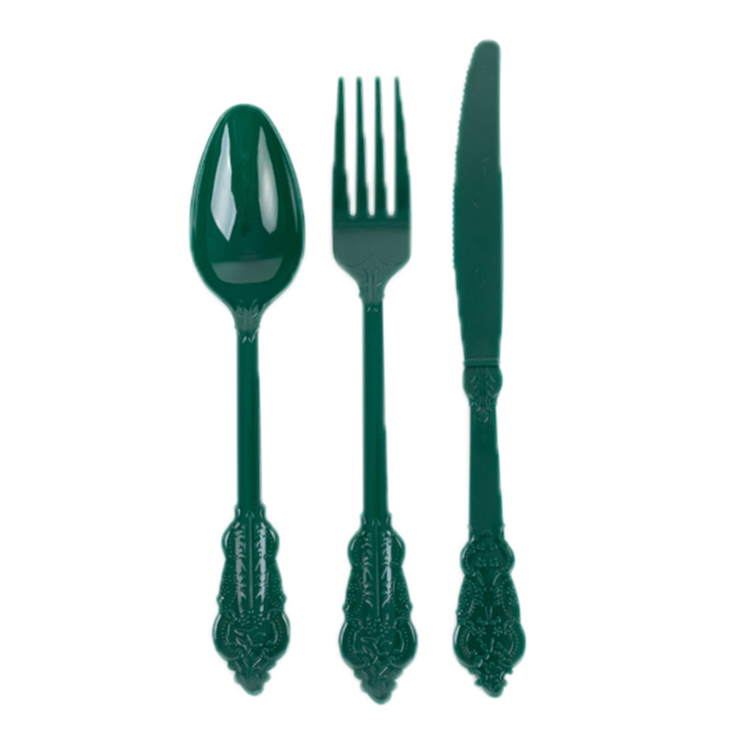 72 Pcs Hunter Emerald Green Plastic Silverware Set in Baroque Style, Heavy Duty Disposable Utensils - Knife, Fork and Spoon Set