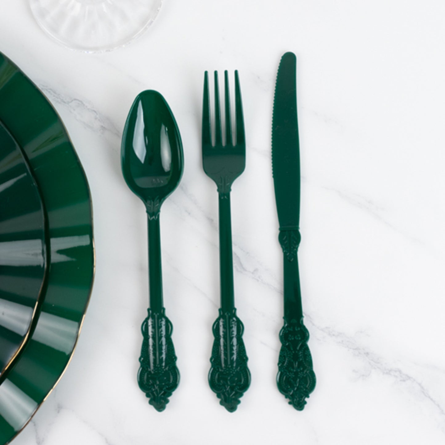 72 Pcs Hunter Emerald Green Plastic Silverware Set in Baroque Style, Heavy Duty Disposable Utensils - Knife, Fork and Spoon Set