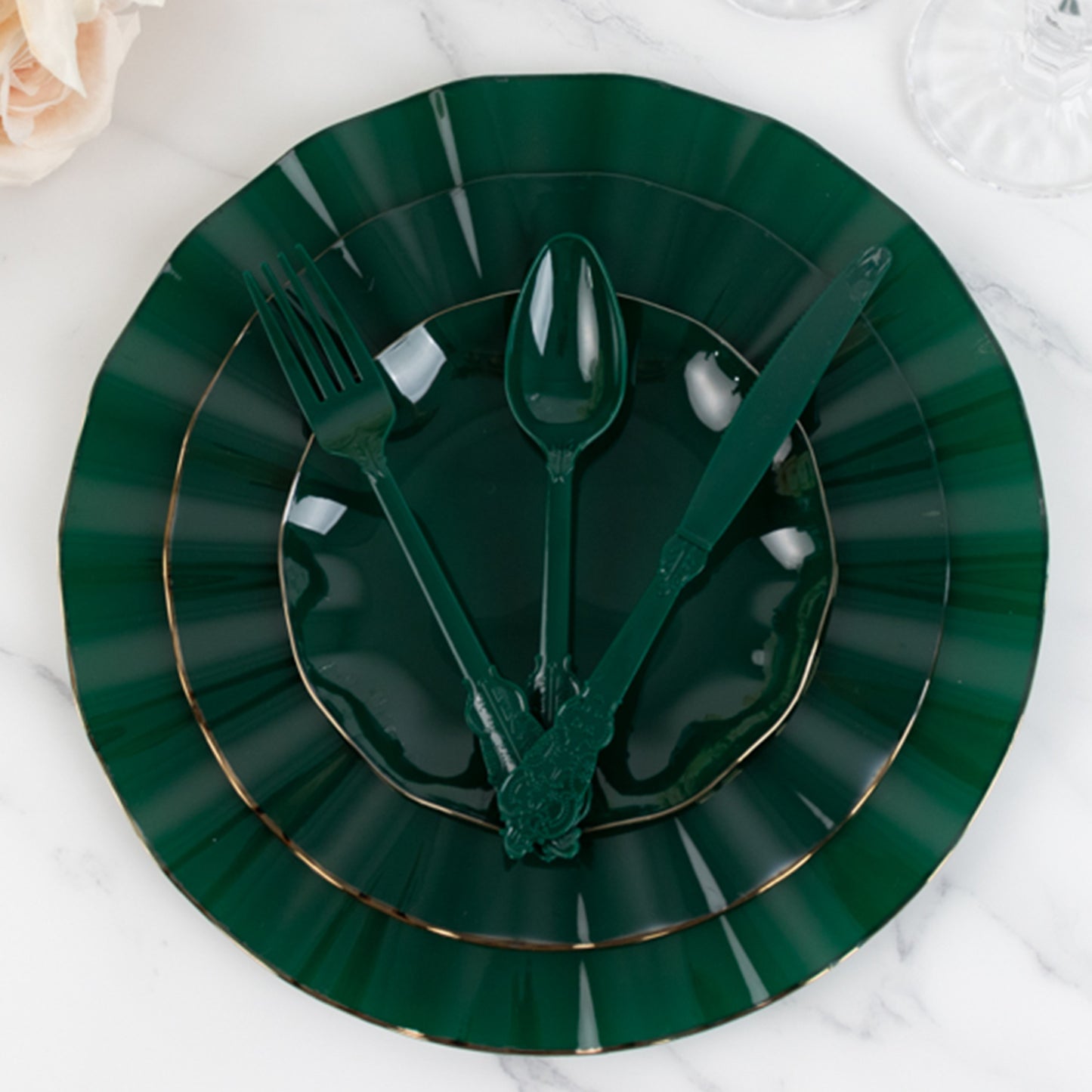 72 Pcs Hunter Emerald Green Plastic Silverware Set in Baroque Style, Heavy Duty Disposable Utensils - Knife, Fork and Spoon Set