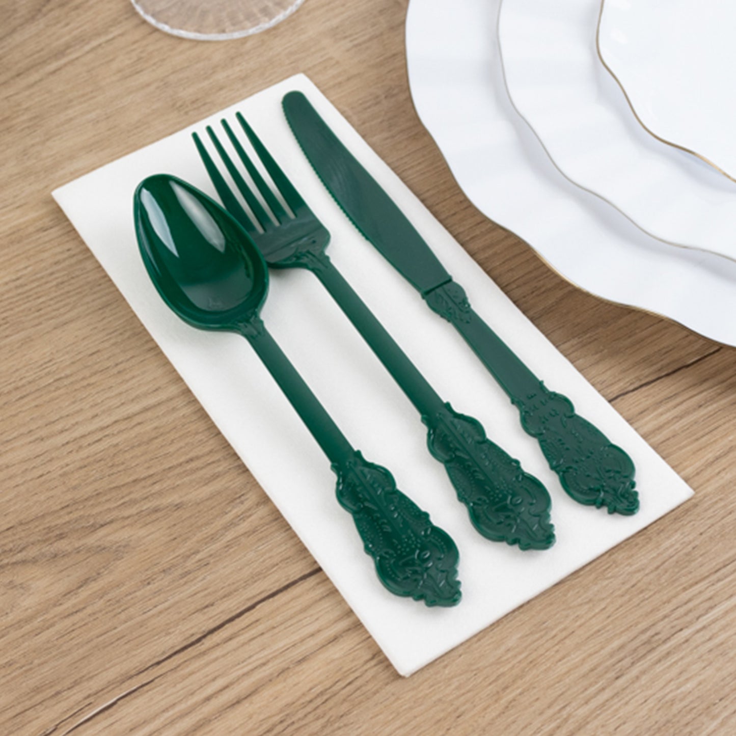 72 Pcs Hunter Emerald Green Plastic Silverware Set in Baroque Style, Heavy Duty Disposable Utensils - Knife, Fork and Spoon Set