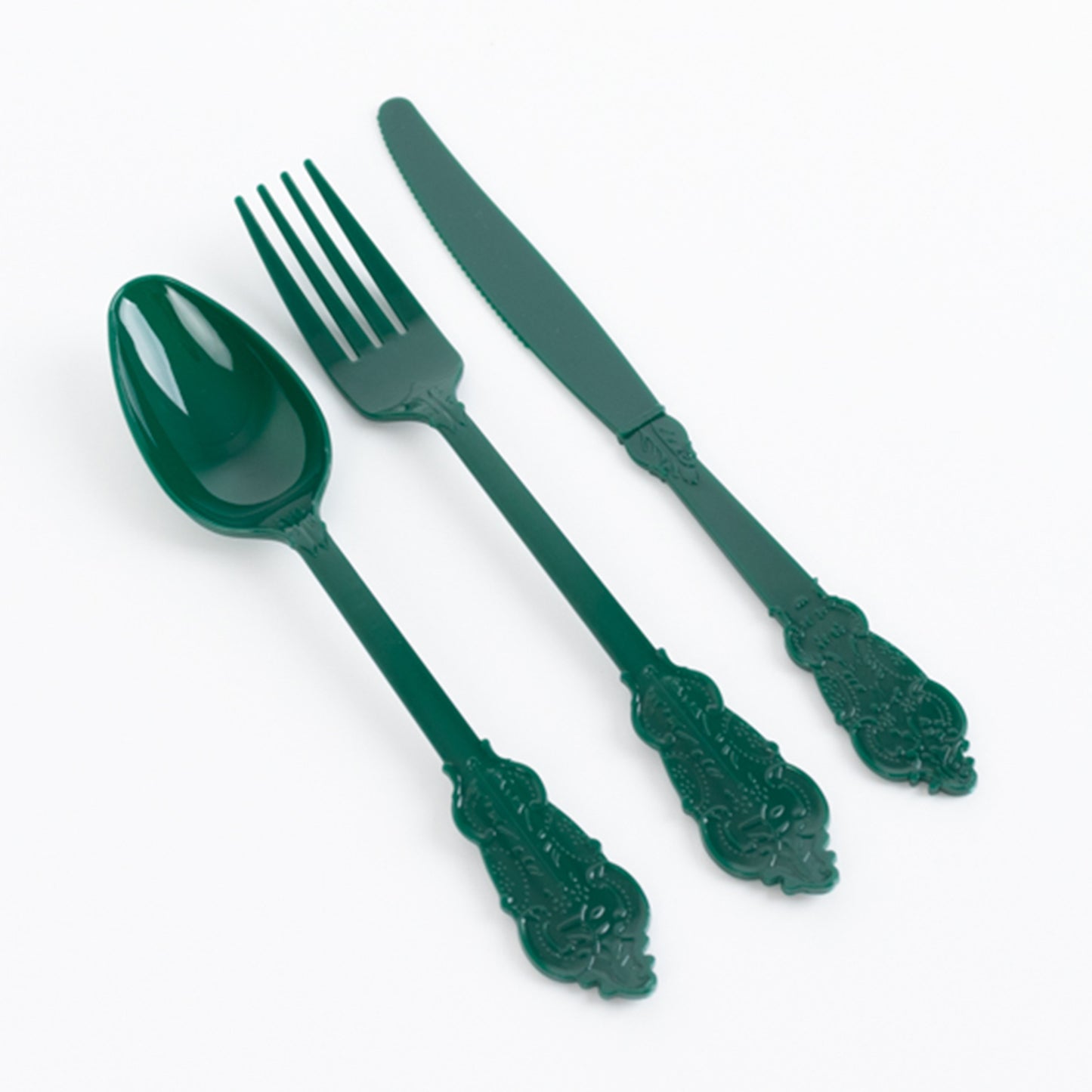 72 Pcs Hunter Emerald Green Plastic Silverware Set in Baroque Style, Heavy Duty Disposable Utensils - Knife, Fork and Spoon Set