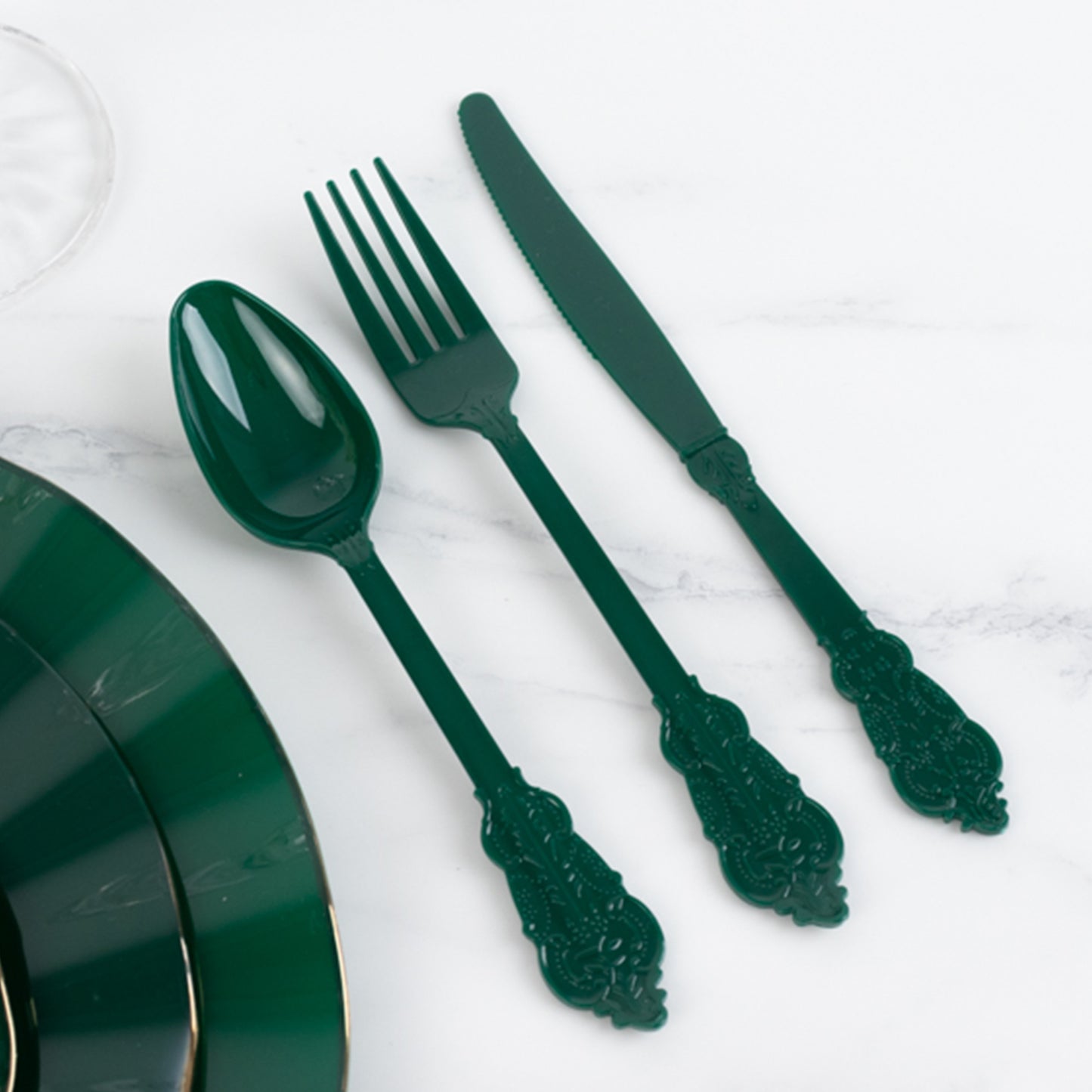 72 Pcs Hunter Emerald Green Plastic Silverware Set in Baroque Style, Heavy Duty Disposable Utensils - Knife, Fork and Spoon Set