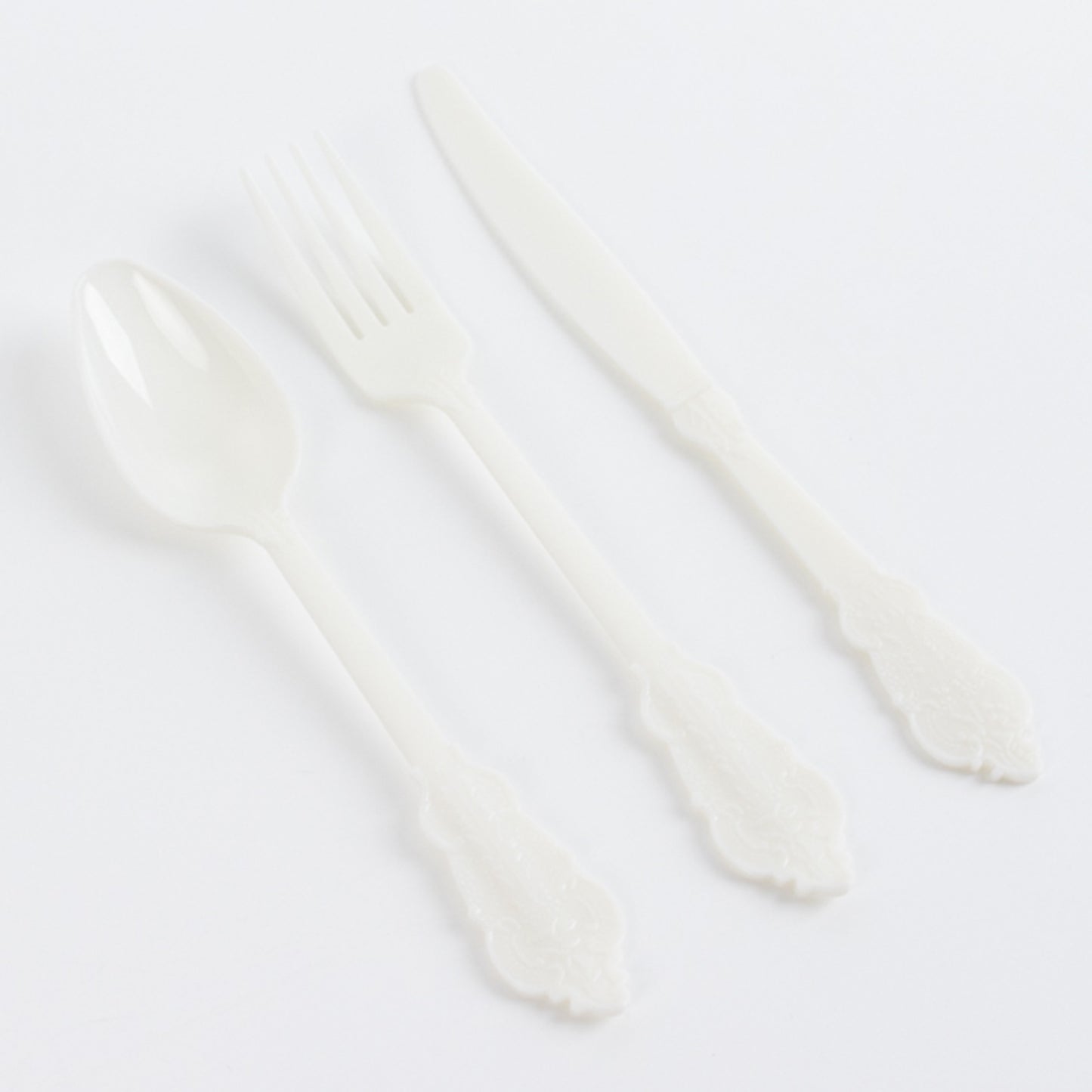 72 Pcs Ivory Plastic Silverware Set in Baroque Style, Heavy Duty Disposable Utensils - Knife, Fork and Spoon Set