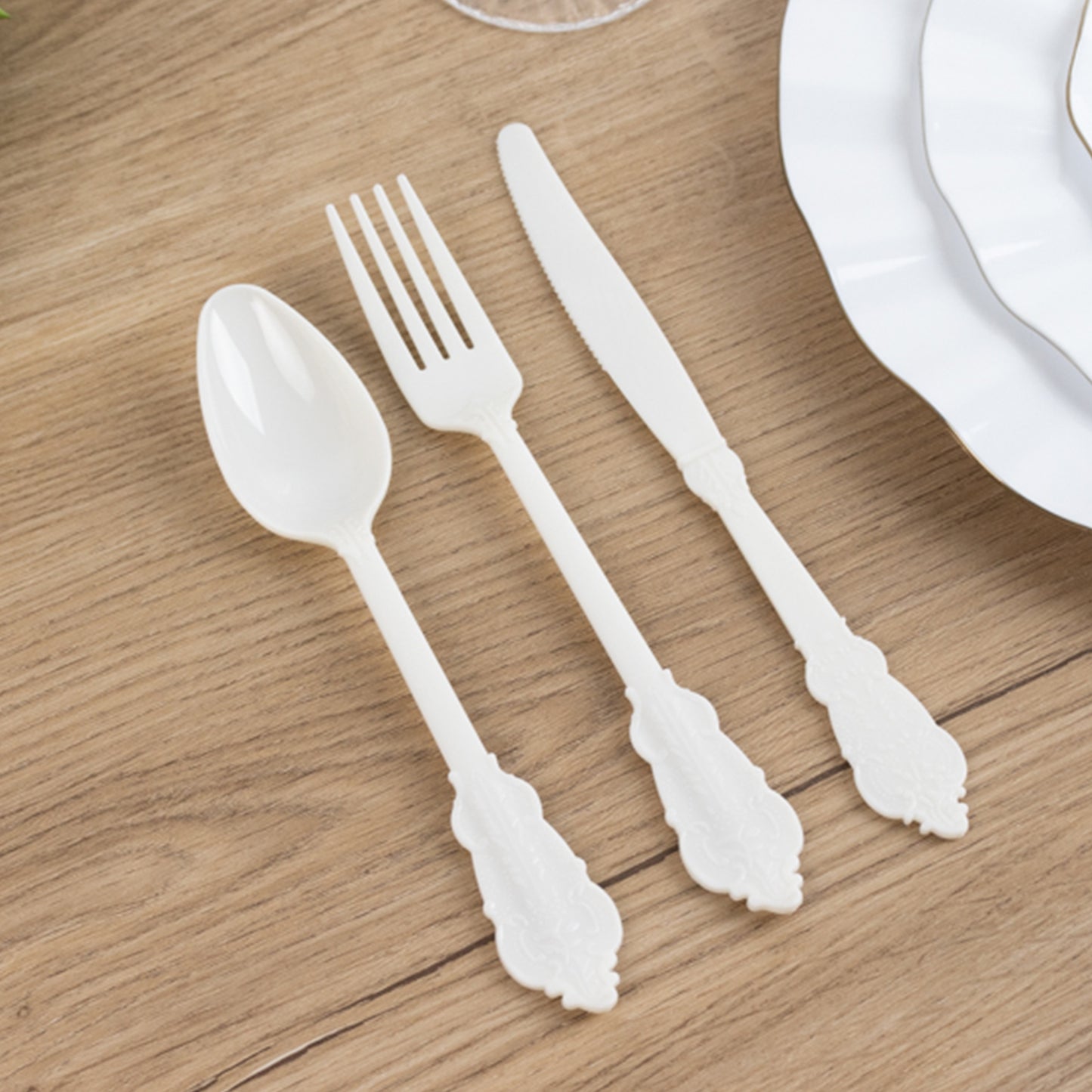 72 Pcs Ivory Plastic Silverware Set in Baroque Style, Heavy Duty Disposable Utensils - Knife, Fork and Spoon Set