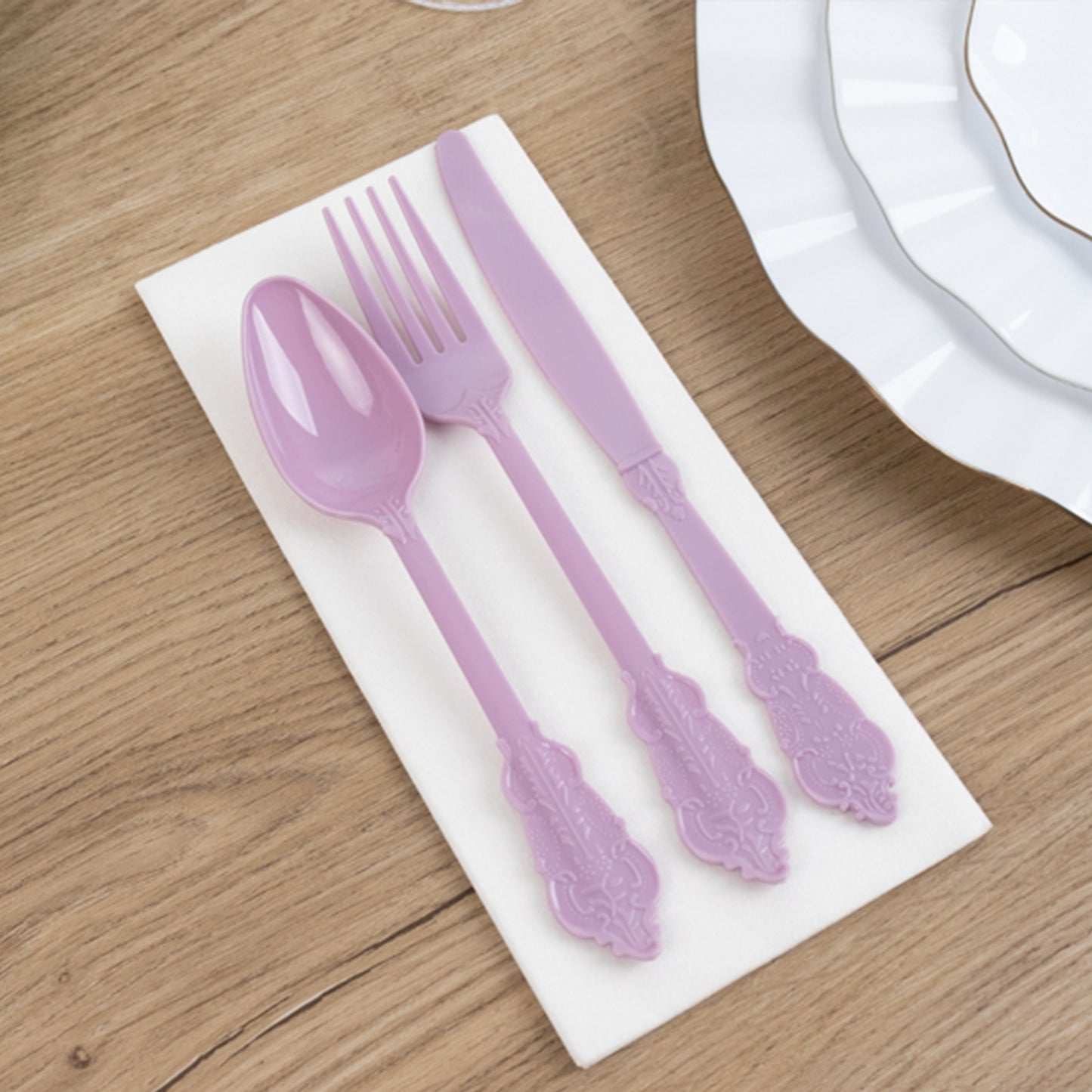 72 Pcs Lavender Lilac Plastic Silverware Set in Baroque Style, Heavy Duty Disposable Utensils - Knife, Fork and Spoon Set