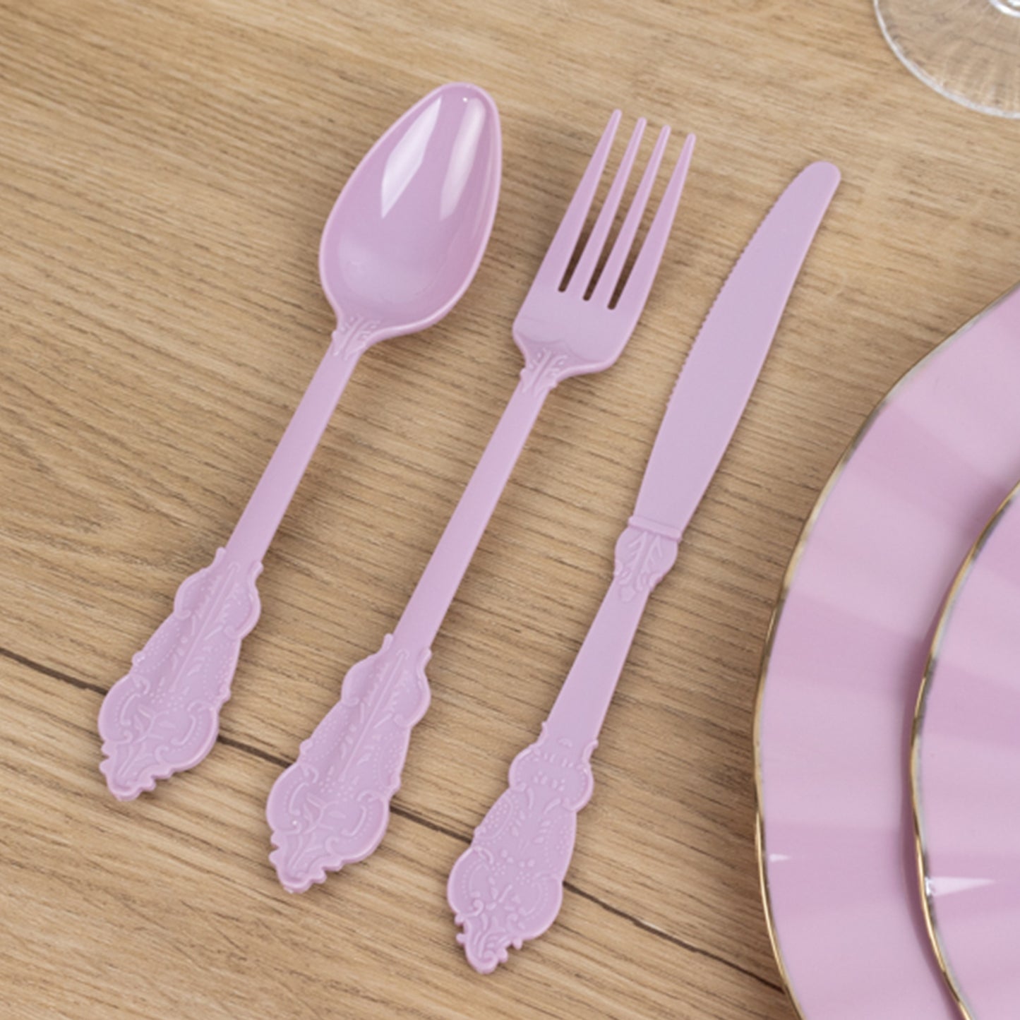 72 Pcs Lavender Lilac Plastic Silverware Set in Baroque Style, Heavy Duty Disposable Utensils - Knife, Fork and Spoon Set