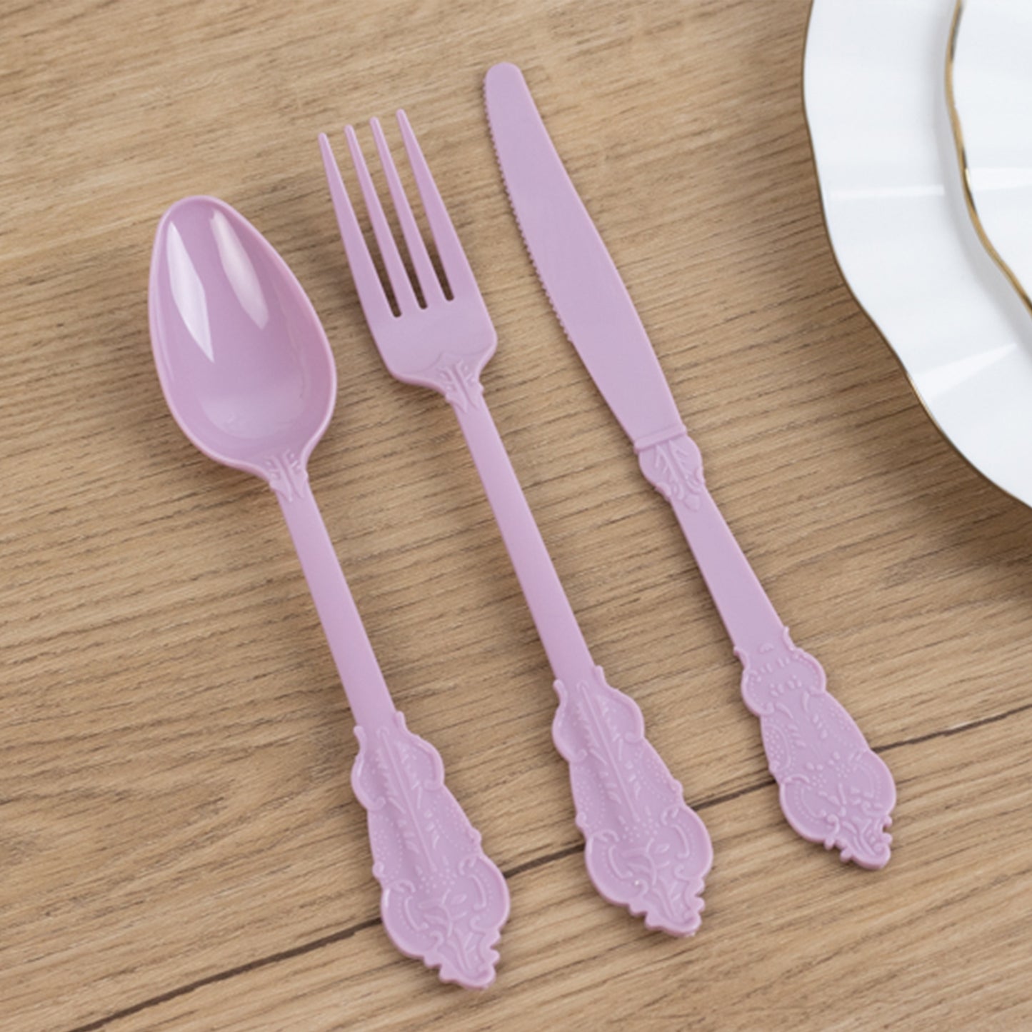 72 Pcs Lavender Lilac Plastic Silverware Set in Baroque Style, Heavy Duty Disposable Utensils - Knife, Fork and Spoon Set