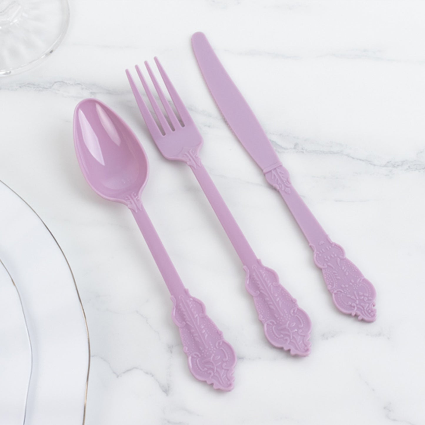 72 Pcs Lavender Lilac Plastic Silverware Set in Baroque Style, Heavy Duty Disposable Utensils - Knife, Fork and Spoon Set