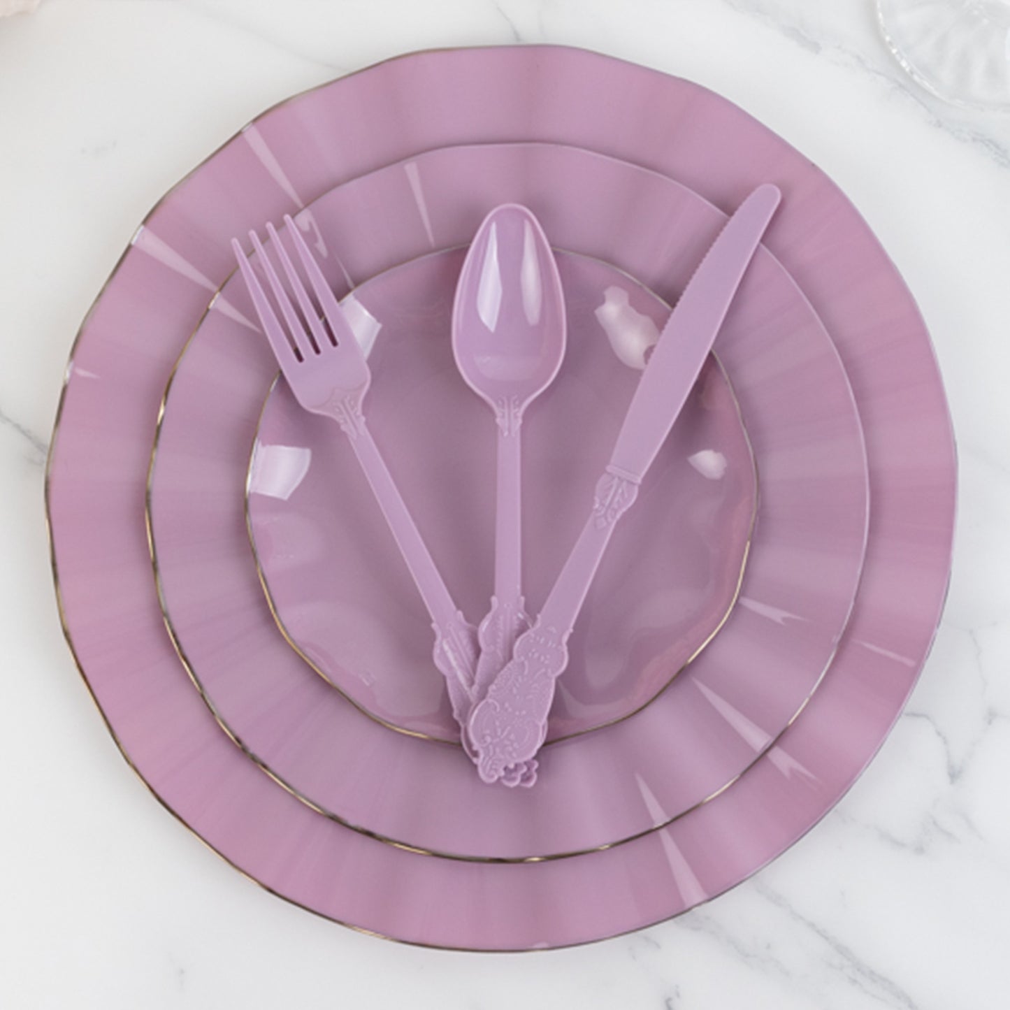 72 Pcs Lavender Lilac Plastic Silverware Set in Baroque Style, Heavy Duty Disposable Utensils - Knife, Fork and Spoon Set