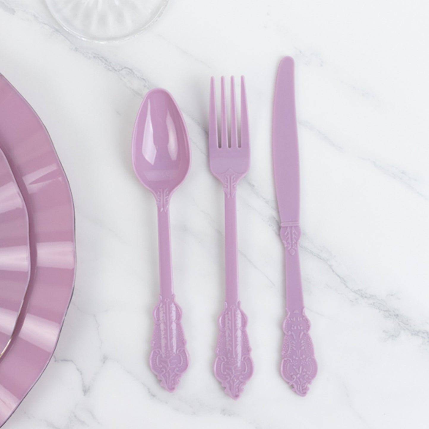 72 Pcs Lavender Lilac Plastic Silverware Set in Baroque Style, Heavy Duty Disposable Utensils - Knife, Fork and Spoon Set