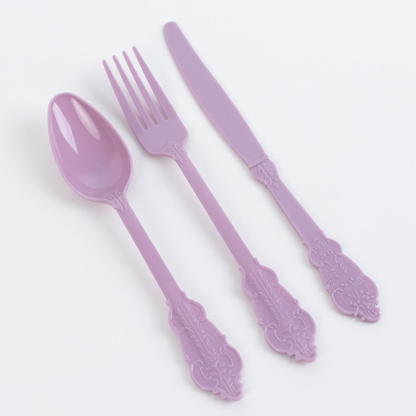 72 Pcs Lavender Lilac Plastic Silverware Set in Baroque Style, Heavy Duty Disposable Utensils - Knife, Fork and Spoon Set