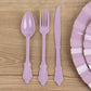 72 Pcs Lavender Lilac Plastic Silverware Set in Baroque Style, Heavy Duty Disposable Utensils - Knife, Fork and Spoon Set