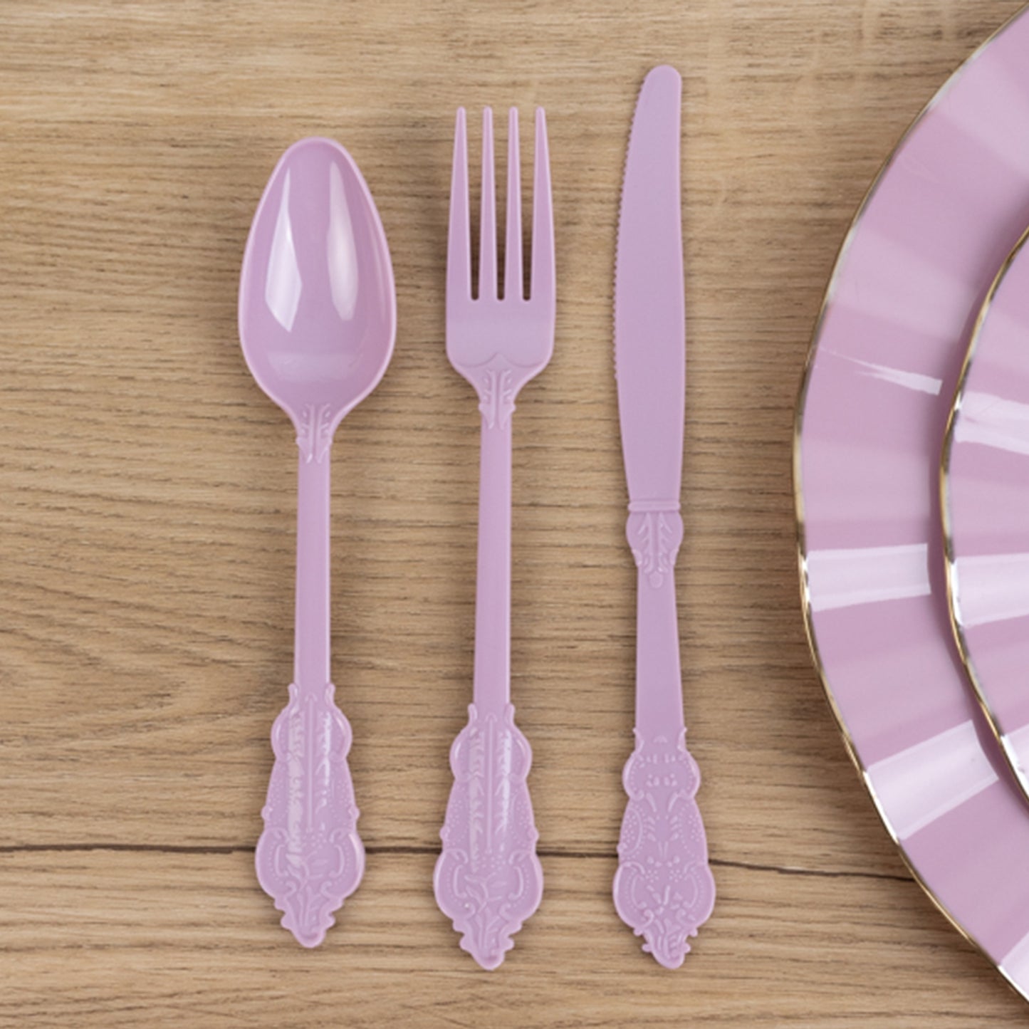 72 Pcs Lavender Lilac Plastic Silverware Set in Baroque Style, Heavy Duty Disposable Utensils - Knife, Fork and Spoon Set