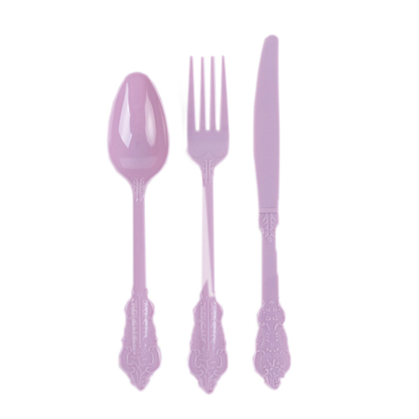 72 Pcs Lavender Lilac Plastic Silverware Set in Baroque Style, Heavy Duty Disposable Utensils - Knife, Fork and Spoon Set