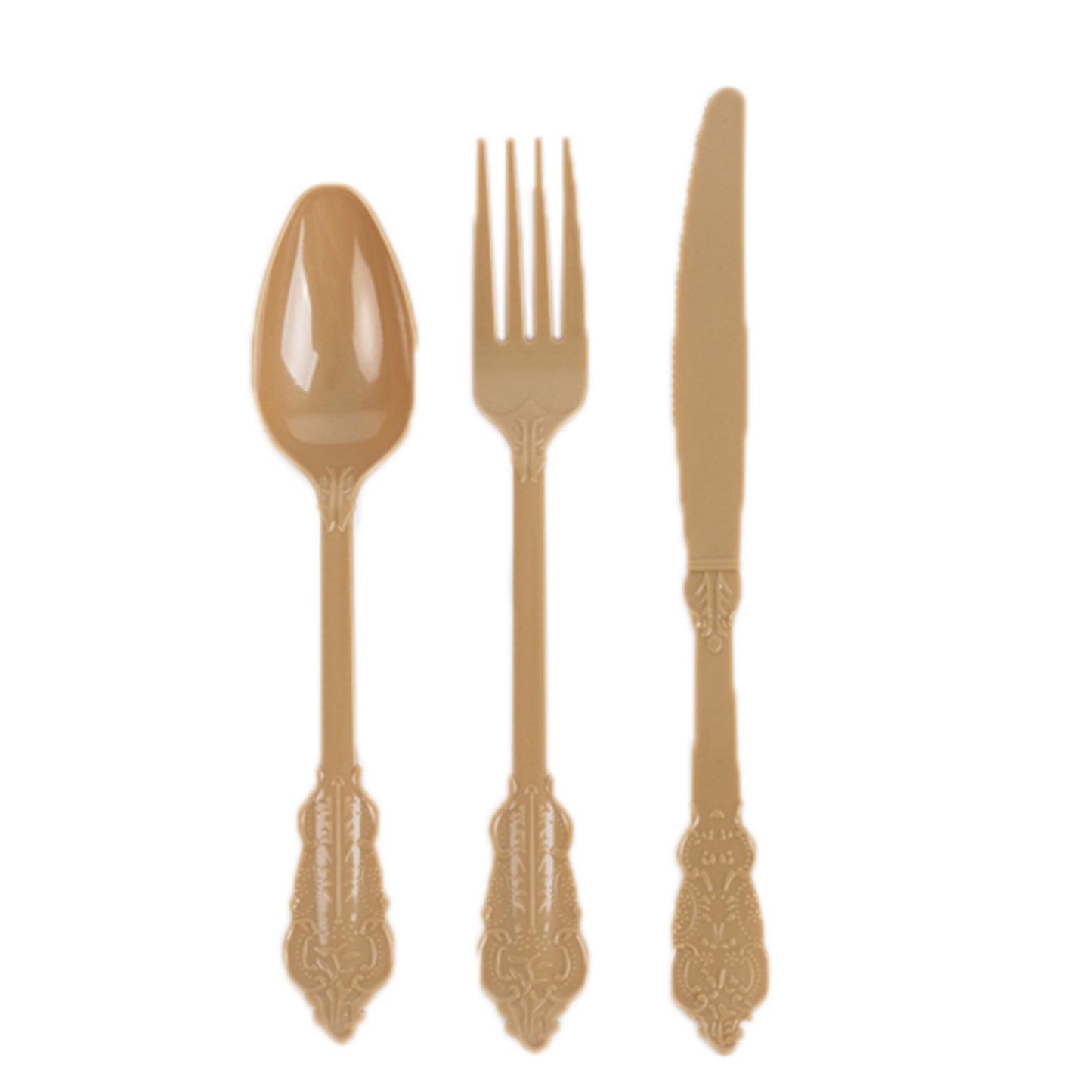 72 Pcs Matte Gold Plastic Silverware Set in Baroque Style, Heavy Duty Disposable Utensils - Knife, Fork and Spoon Set