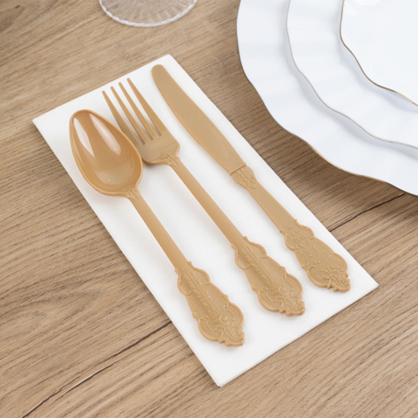 72 Pcs Matte Gold Plastic Silverware Set in Baroque Style, Heavy Duty Disposable Utensils - Knife, Fork and Spoon Set