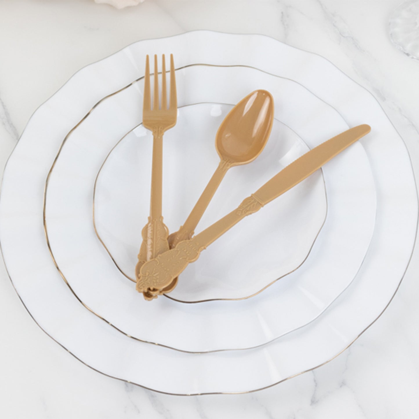 72 Pcs Matte Gold Plastic Silverware Set in Baroque Style, Heavy Duty Disposable Utensils - Knife, Fork and Spoon Set