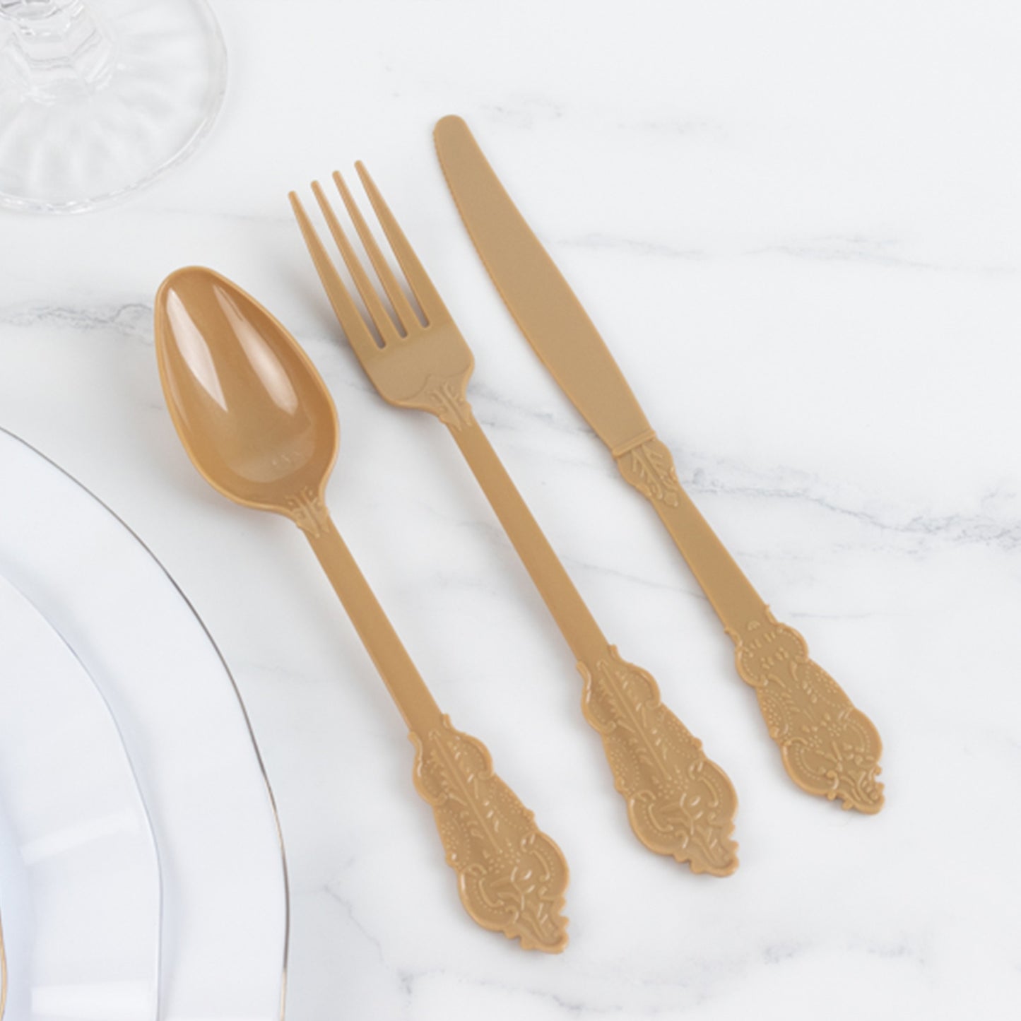 72 Pcs Matte Gold Plastic Silverware Set in Baroque Style, Heavy Duty Disposable Utensils - Knife, Fork and Spoon Set