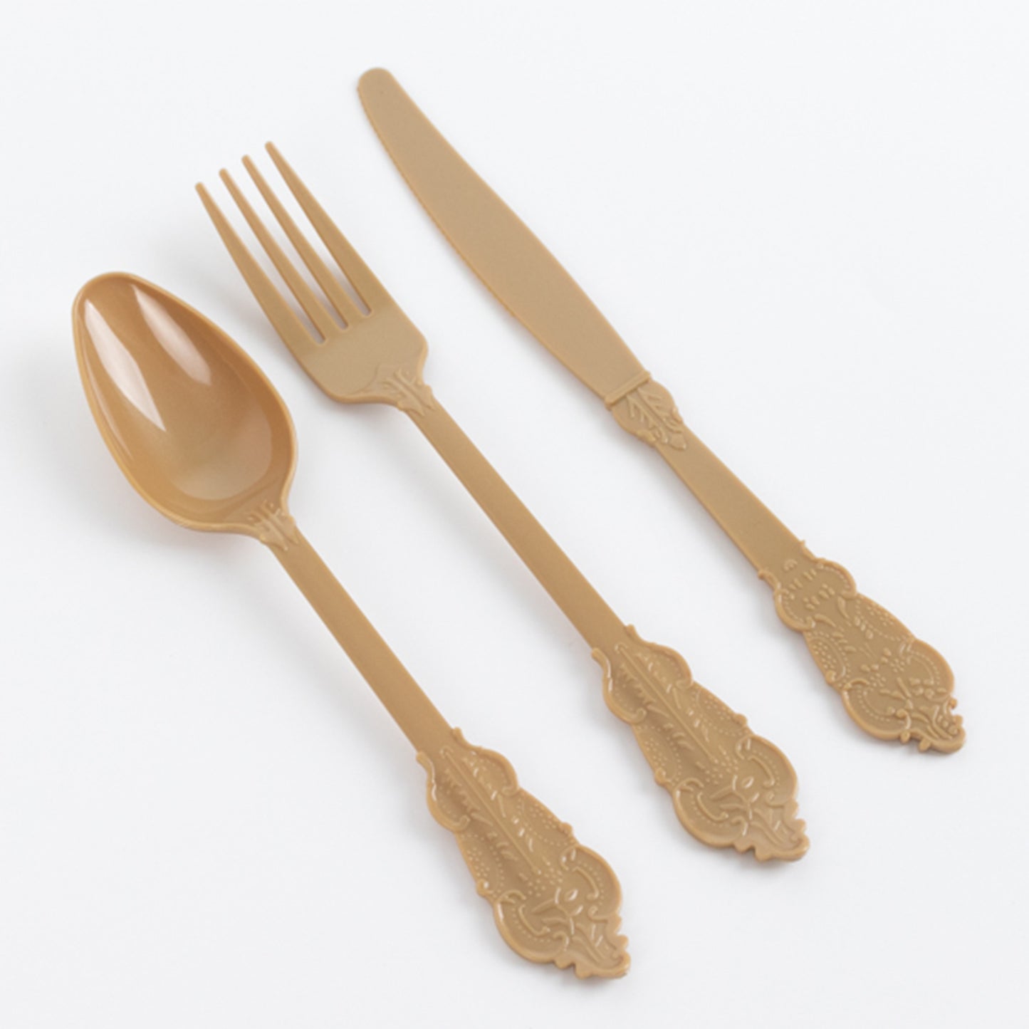 72 Pcs Matte Gold Plastic Silverware Set in Baroque Style, Heavy Duty Disposable Utensils - Knife, Fork and Spoon Set