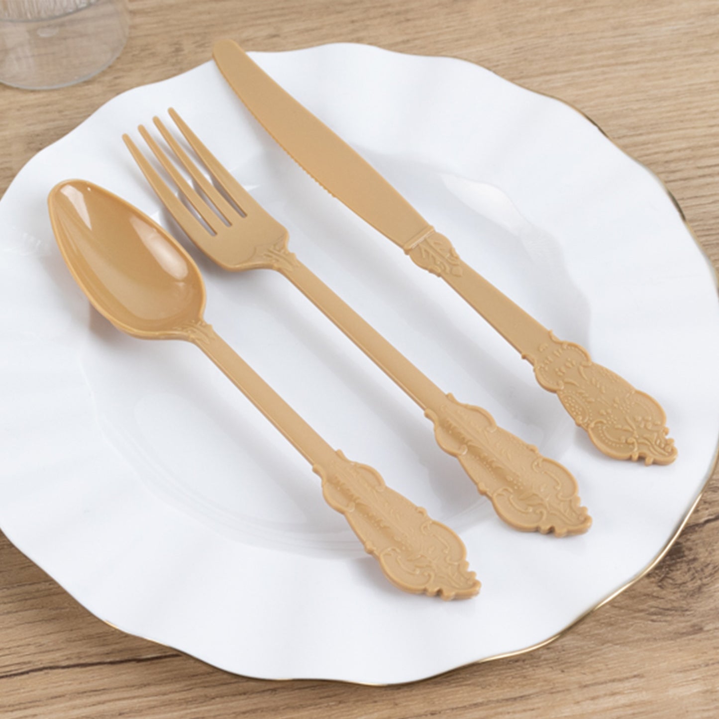 72 Pcs Matte Gold Plastic Silverware Set in Baroque Style, Heavy Duty Disposable Utensils - Knife, Fork and Spoon Set