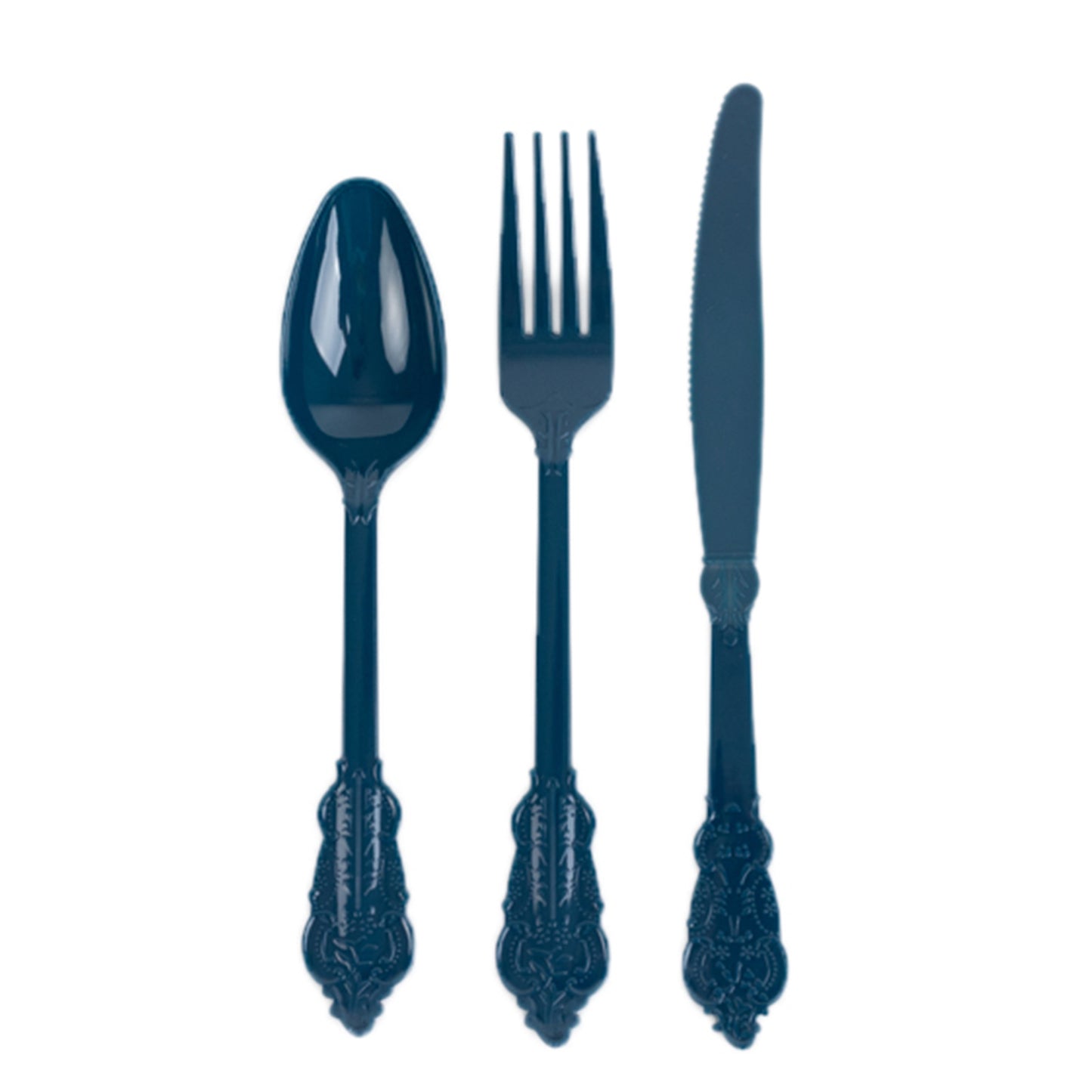 72 Pcs Navy Blue Plastic Silverware Set in Baroque Style, Heavy Duty Disposable Utensils - Knife, Fork and Spoon Set