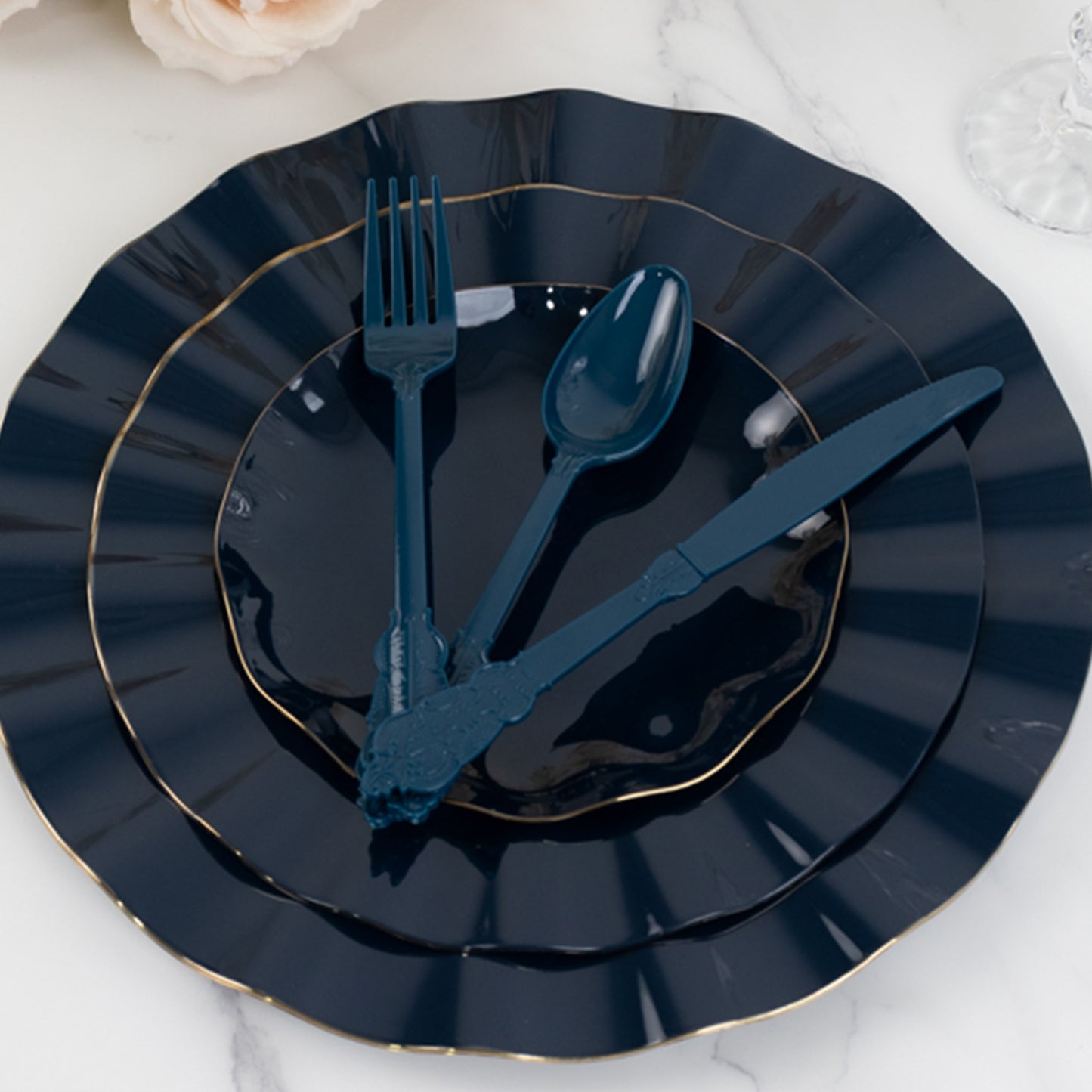 72 Pcs Navy Blue Plastic Silverware Set in Baroque Style, Heavy Duty Disposable Utensils - Knife, Fork and Spoon Set