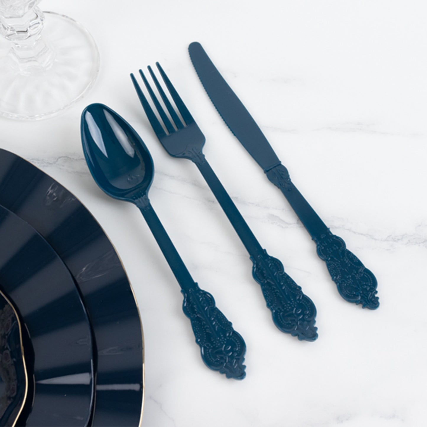 72 Pcs Navy Blue Plastic Silverware Set in Baroque Style, Heavy Duty Disposable Utensils - Knife, Fork and Spoon Set