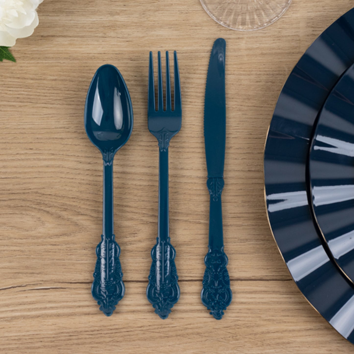 72 Pcs Navy Blue Plastic Silverware Set in Baroque Style, Heavy Duty Disposable Utensils - Knife, Fork and Spoon Set