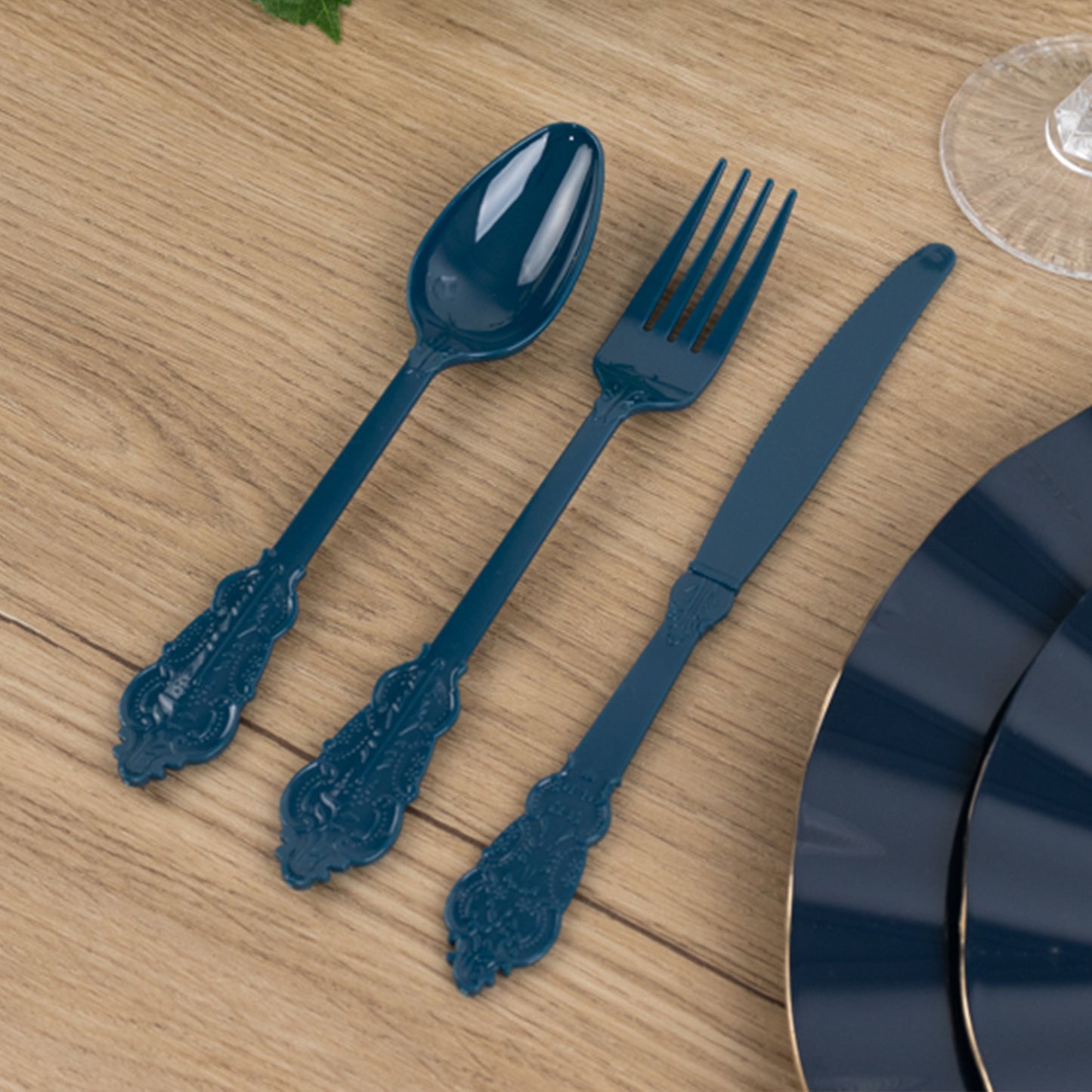 72 Pcs Navy Blue Plastic Silverware Set in Baroque Style, Heavy Duty Disposable Utensils - Knife, Fork and Spoon Set