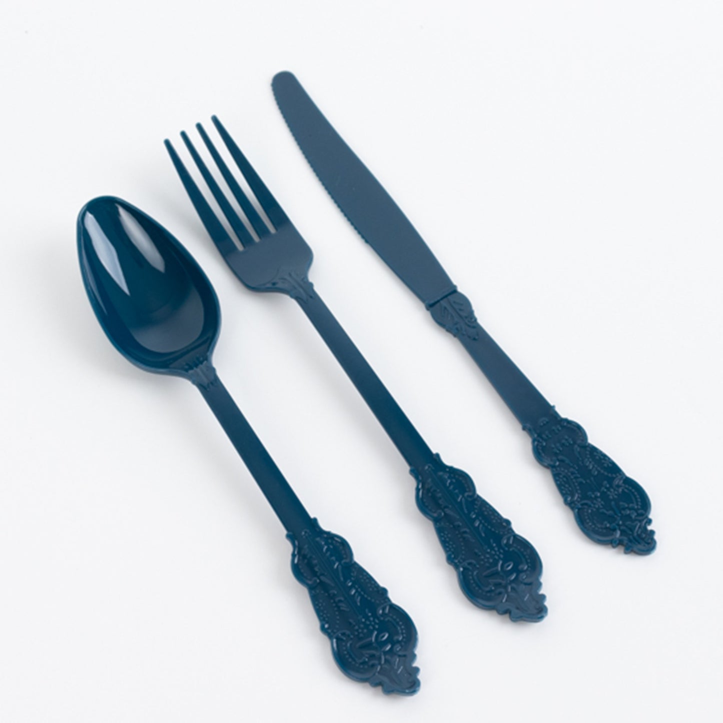 72 Pcs Navy Blue Plastic Silverware Set in Baroque Style, Heavy Duty Disposable Utensils - Knife, Fork and Spoon Set