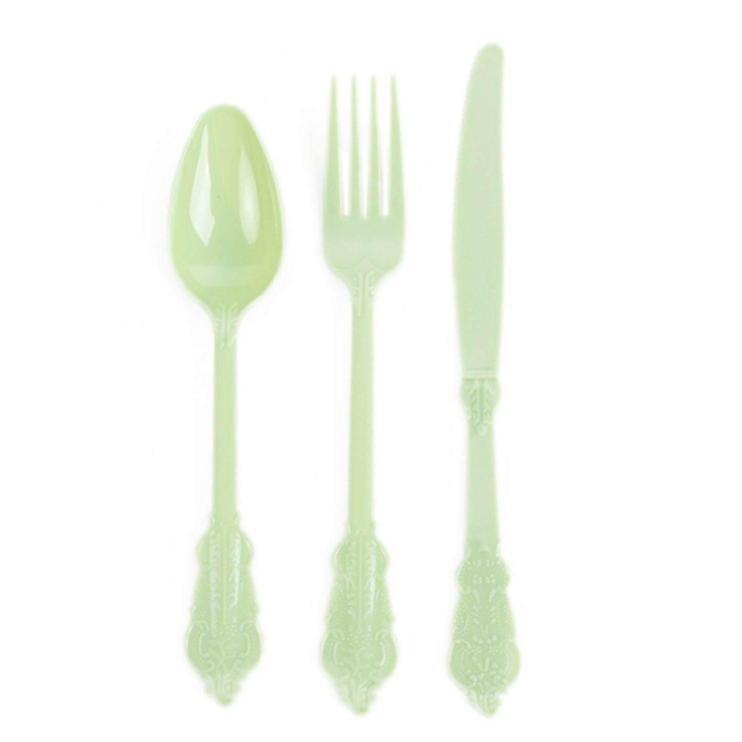 72 Pcs Sage Green Plastic Silverware Set in Baroque Style, Heavy Duty Disposable Utensils - Knife, Fork and Spoon Set