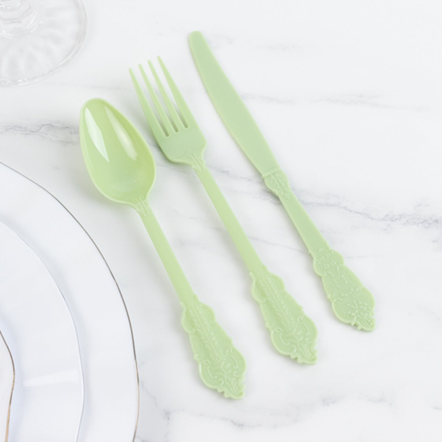 72 Pcs Sage Green Plastic Silverware Set in Baroque Style, Heavy Duty Disposable Utensils - Knife, Fork and Spoon Set