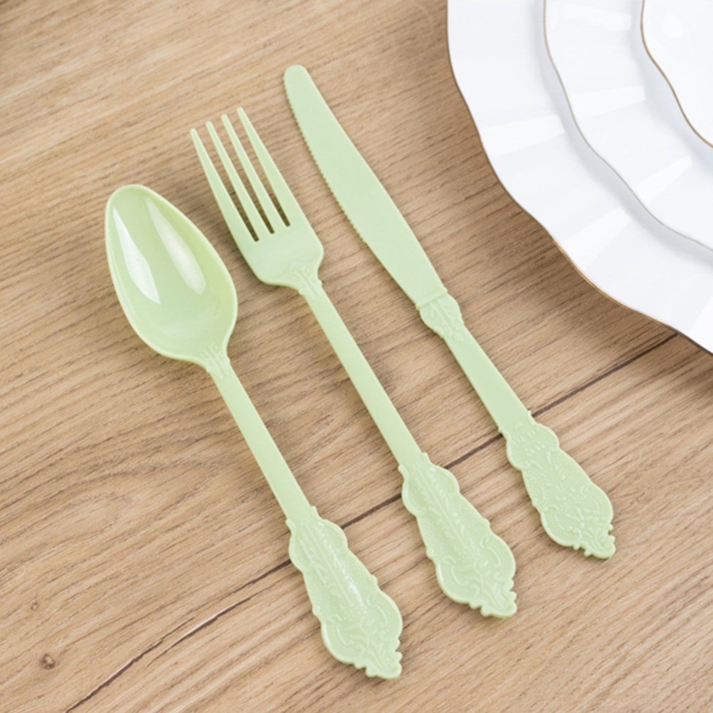 72 Pcs Sage Green Plastic Silverware Set in Baroque Style, Heavy Duty Disposable Utensils - Knife, Fork and Spoon Set