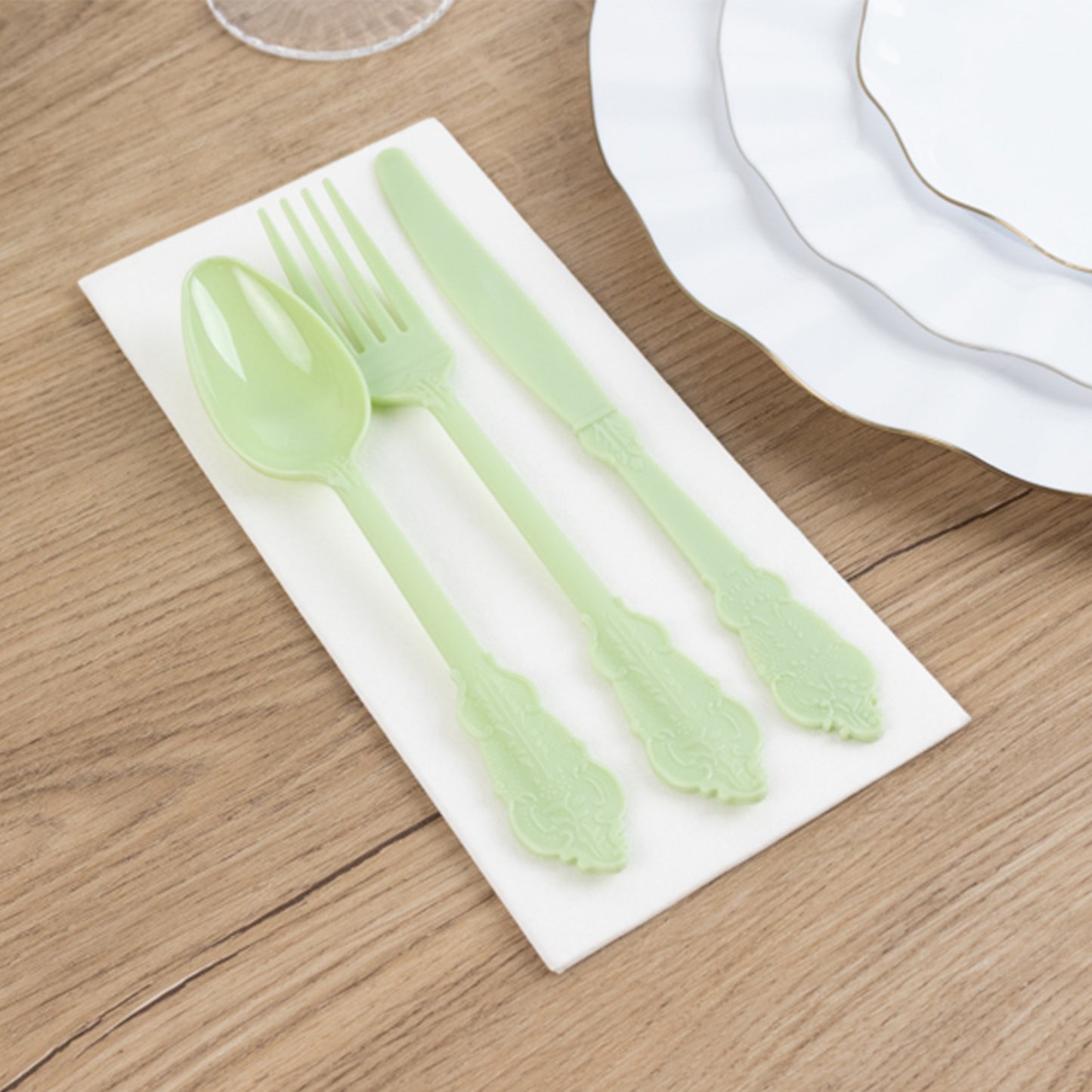 72 Pcs Sage Green Plastic Silverware Set in Baroque Style, Heavy Duty Disposable Utensils - Knife, Fork and Spoon Set