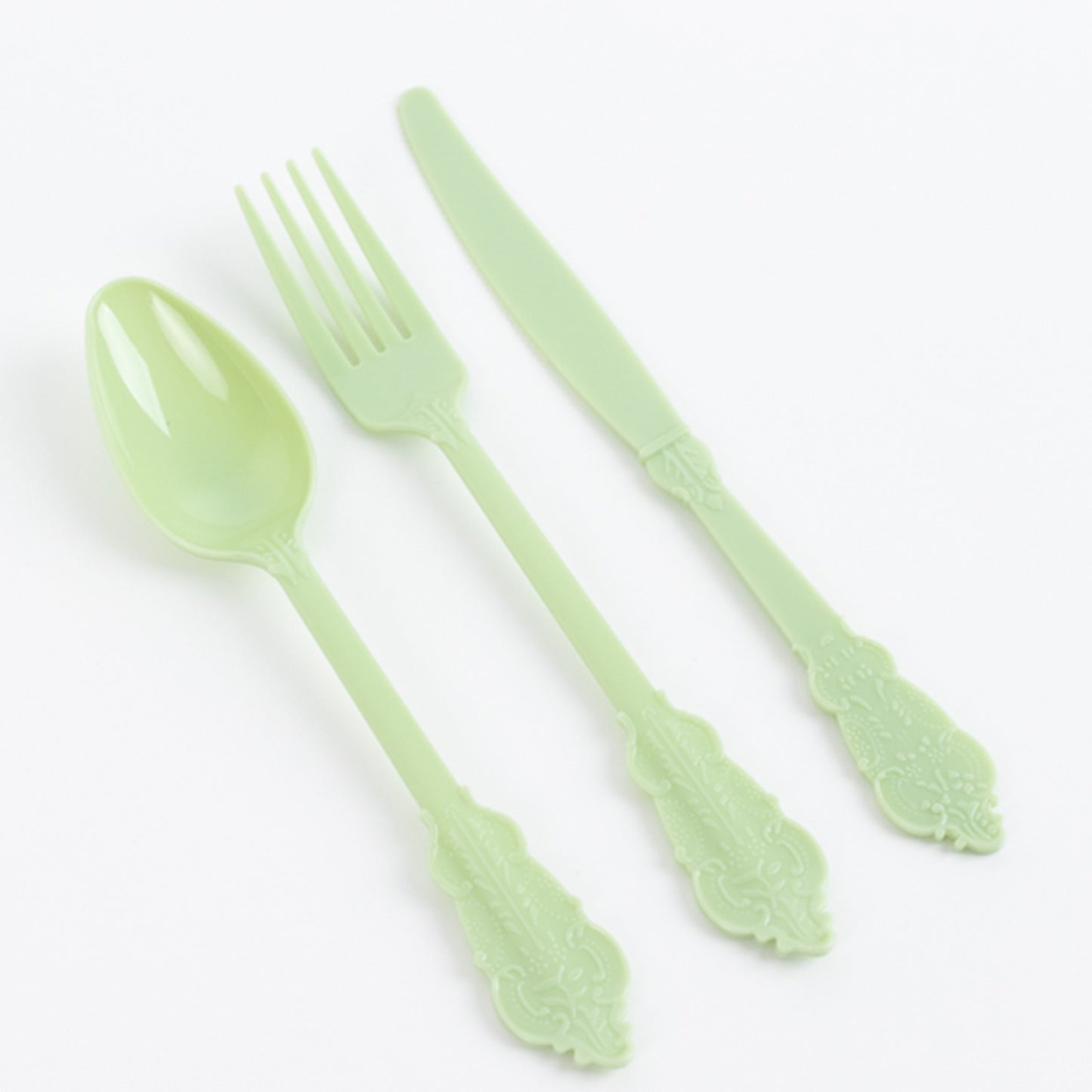 72 Pcs Sage Green Plastic Silverware Set in Baroque Style, Heavy Duty Disposable Utensils - Knife, Fork and Spoon Set