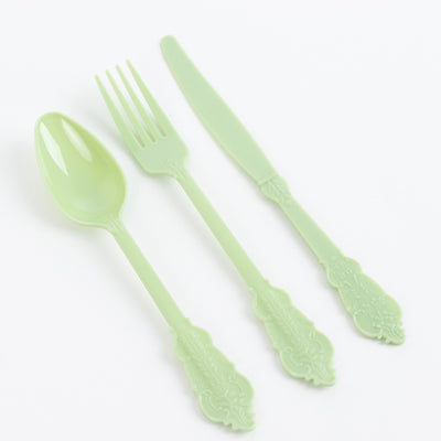 Enhance Your Event Décor with Sage Green Baroque Plastic Silverware Set